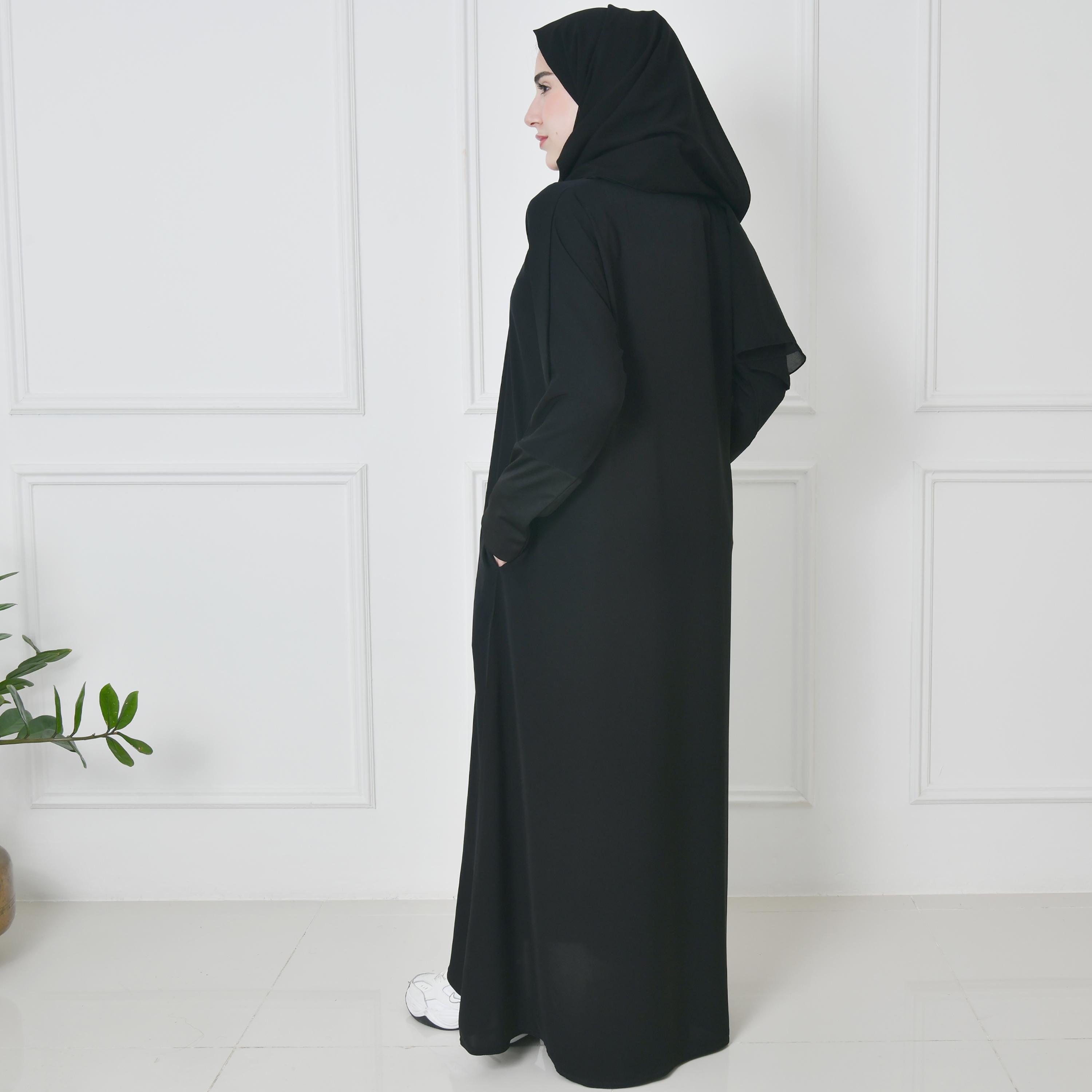 عباية حوراء سوداء من الكتان بأكمام ذات لونين وقصة ربع كلوش للنساء مع طرحة-women-arabicclothing-prayerclothing-image-6