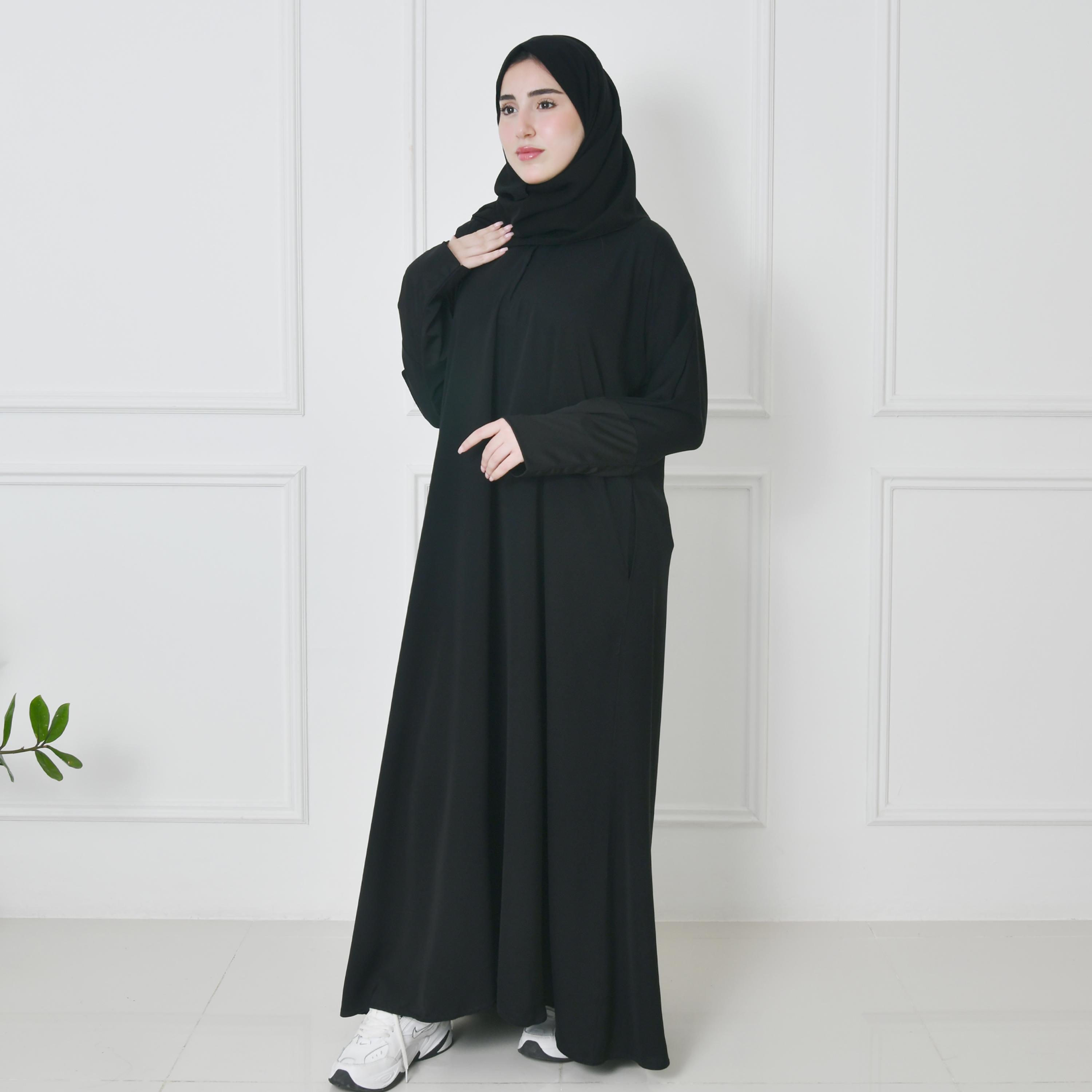 عباية حوراء سوداء من الكتان بأكمام ذات لونين وقصة ربع كلوش للنساء مع طرحة-women-arabicclothing-prayerclothing-image-7