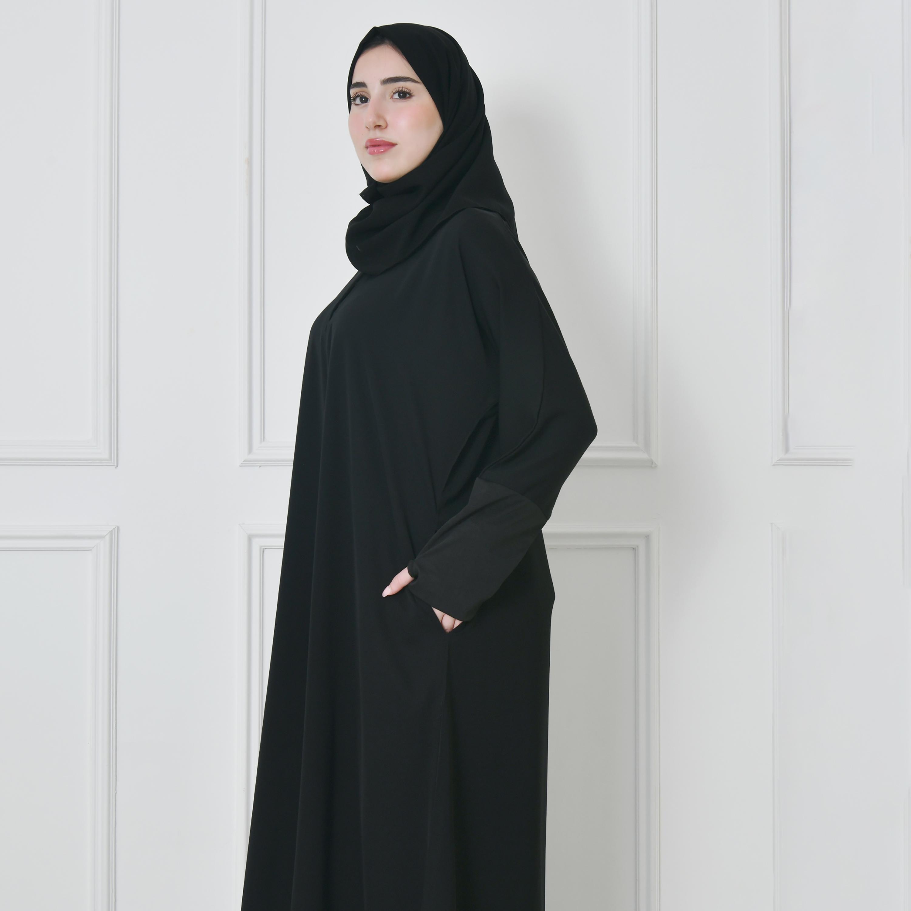 عباية حوراء سوداء من الكتان بأكمام ذات لونين وقصة ربع كلوش للنساء مع طرحة-women-arabicclothing-prayerclothing-image-8