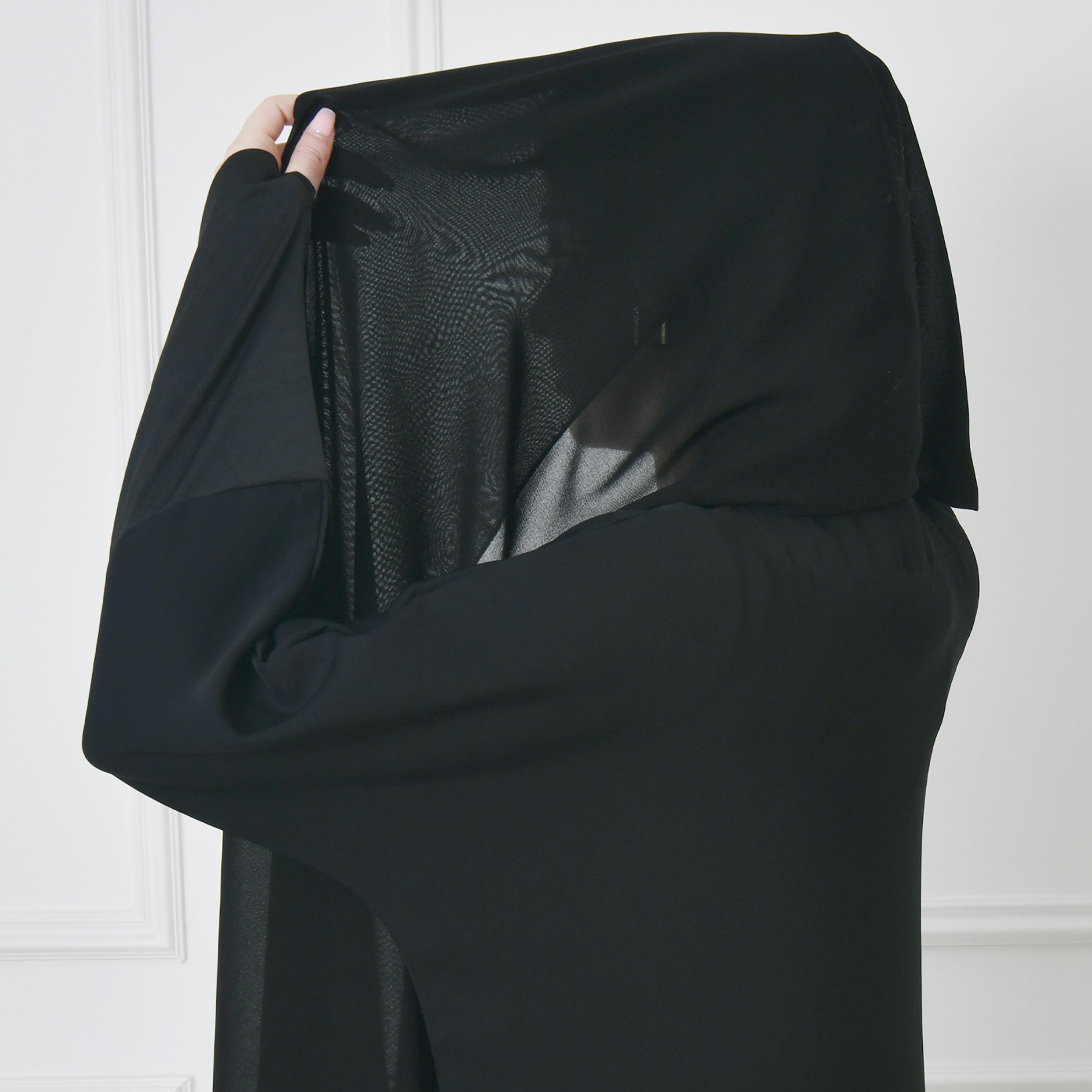 عباية حوراء سوداء من الكتان بأكمام ذات لونين وقصة ربع كلوش للنساء مع طرحة-women-arabicclothing-prayerclothing-image-9