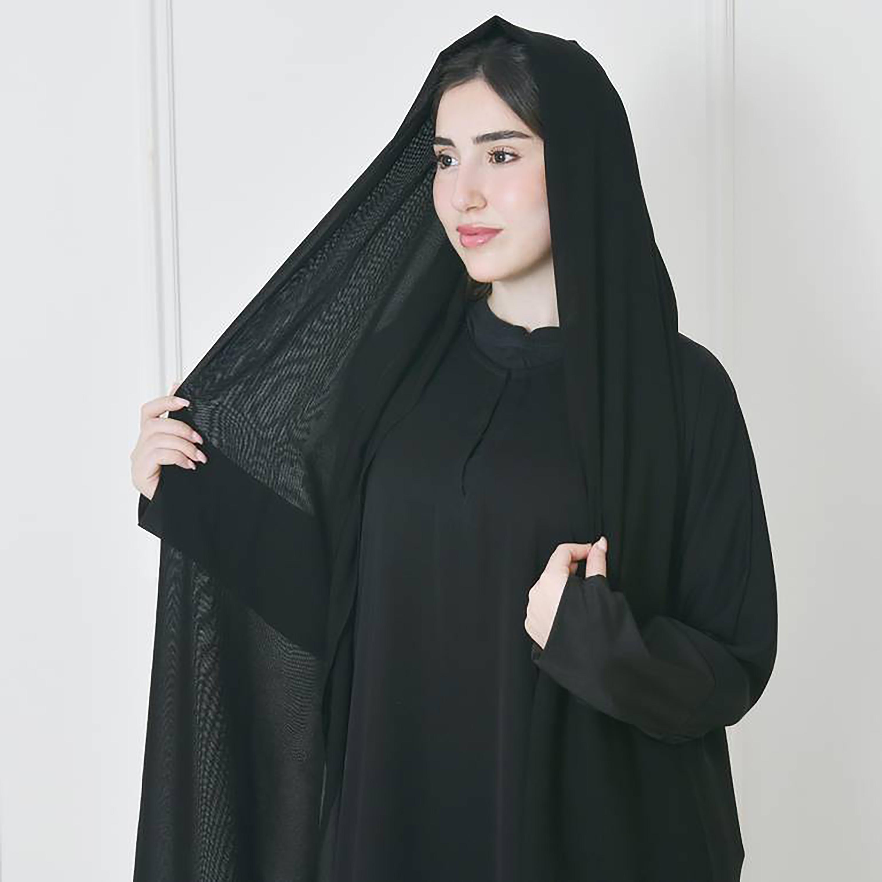 Hawraa Black Finger-Slit Sleeves Crepe Abaya with Hijab-women-arabicclothing-abayas-image-2