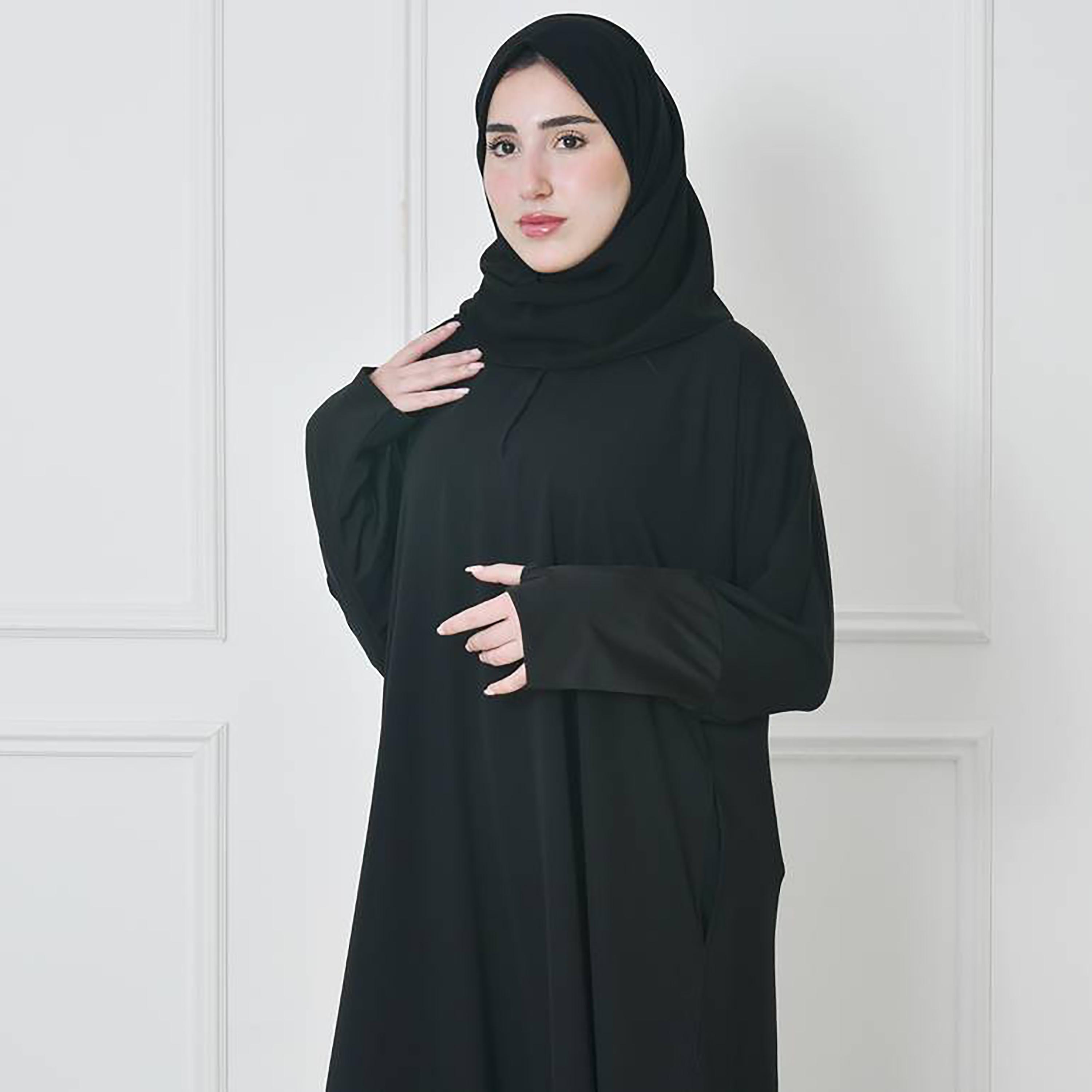 Hawraa Black Finger-Slit Sleeves Crepe Abaya with Hijab-women-arabicclothing-prayerclothing-image-1