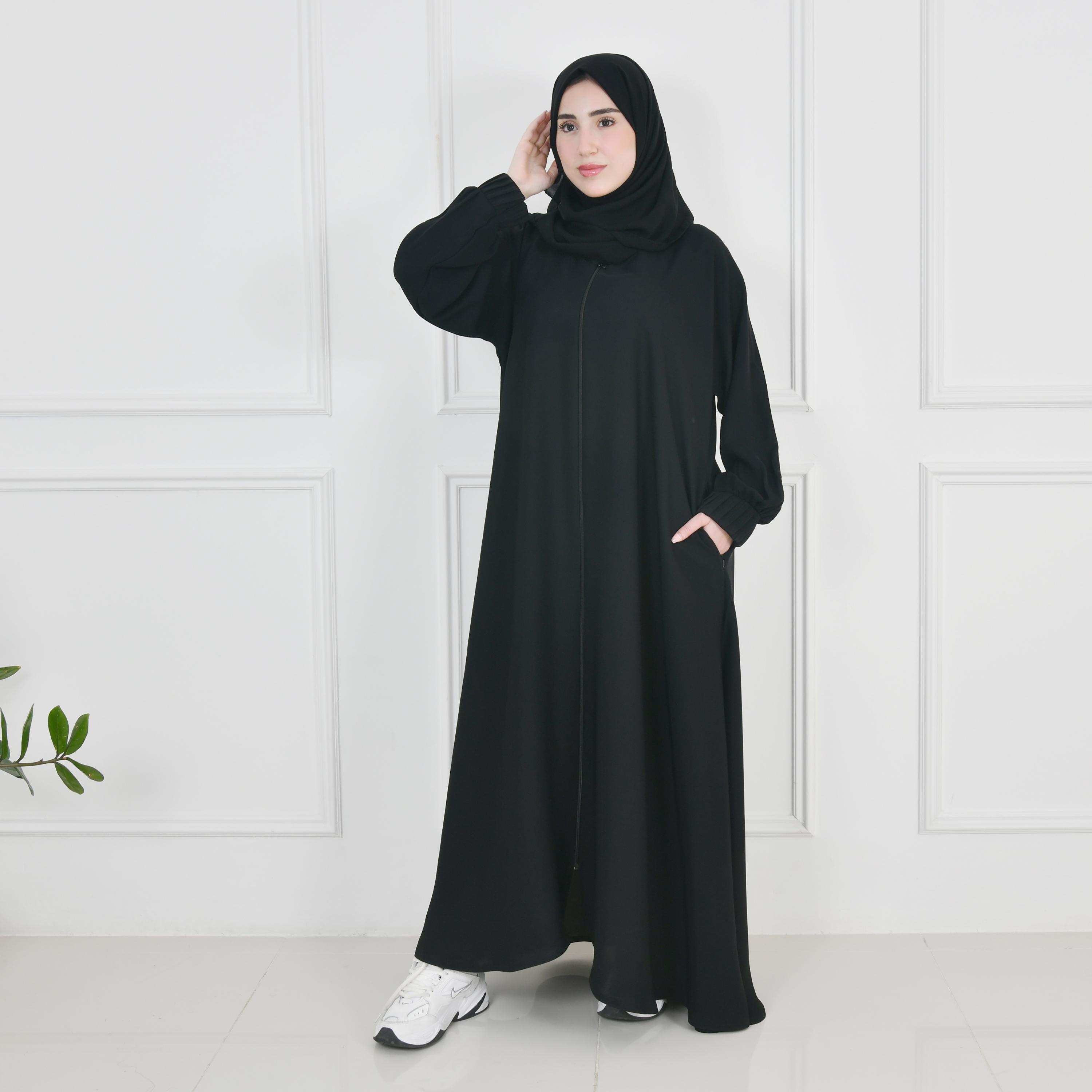 Hawraa Black Balloon Sleeves Linen Women's Flared Cut Abaya with Hijab-women-arabicclothing-abayas-image-1