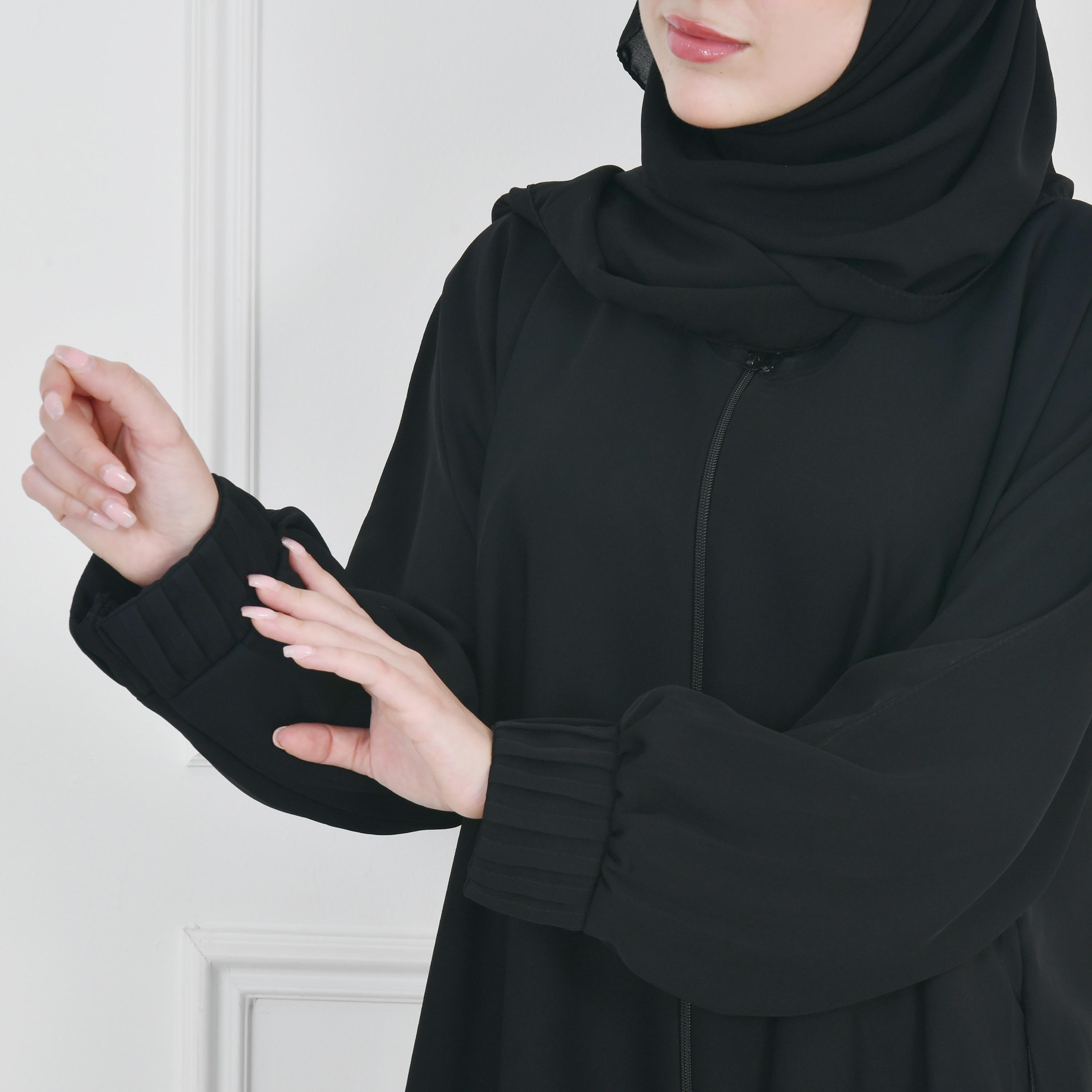 Hawraa Black Balloon Sleeves Linen Women's Flared Cut Abaya with Hijab-women-arabicclothing-abayas-image-2