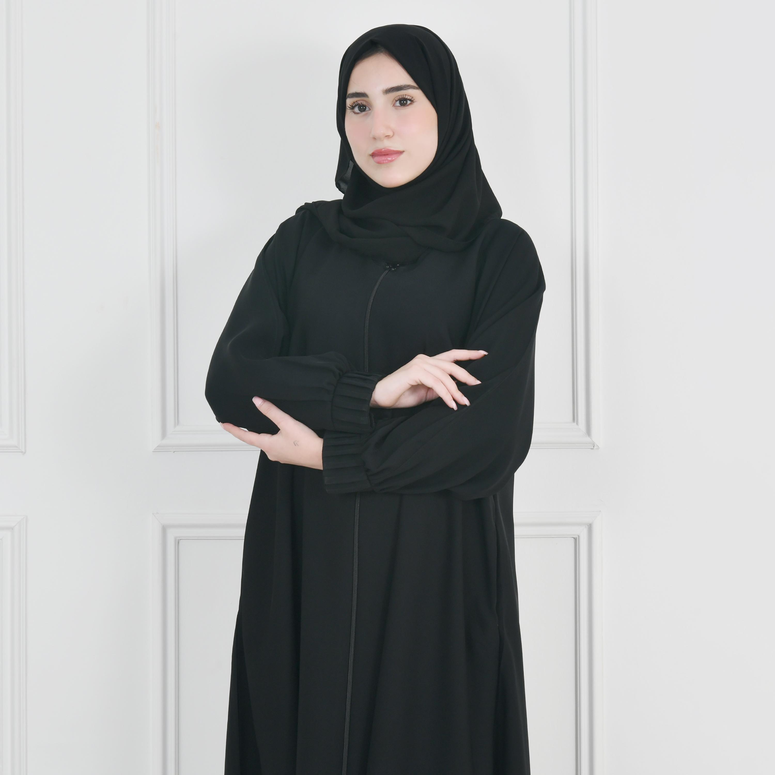 Hawraa Black Balloon Sleeves Linen Women's Flared Cut Abaya with Hijab-women-arabicclothing-abayas-image-3