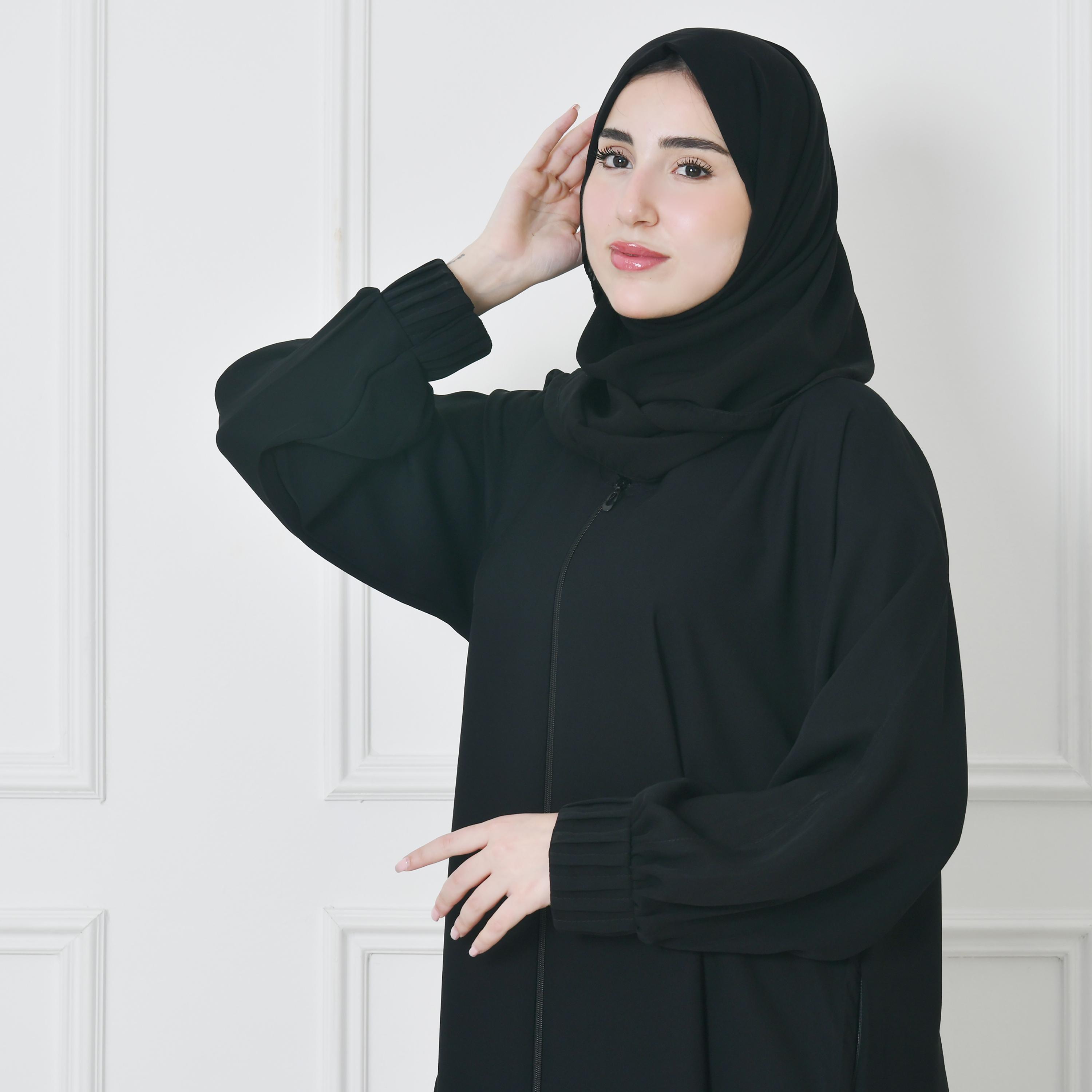Hawraa Black Balloon Sleeves Linen Women's Flared Cut Abaya with Hijab-women-arabicclothing-abayas-image-4