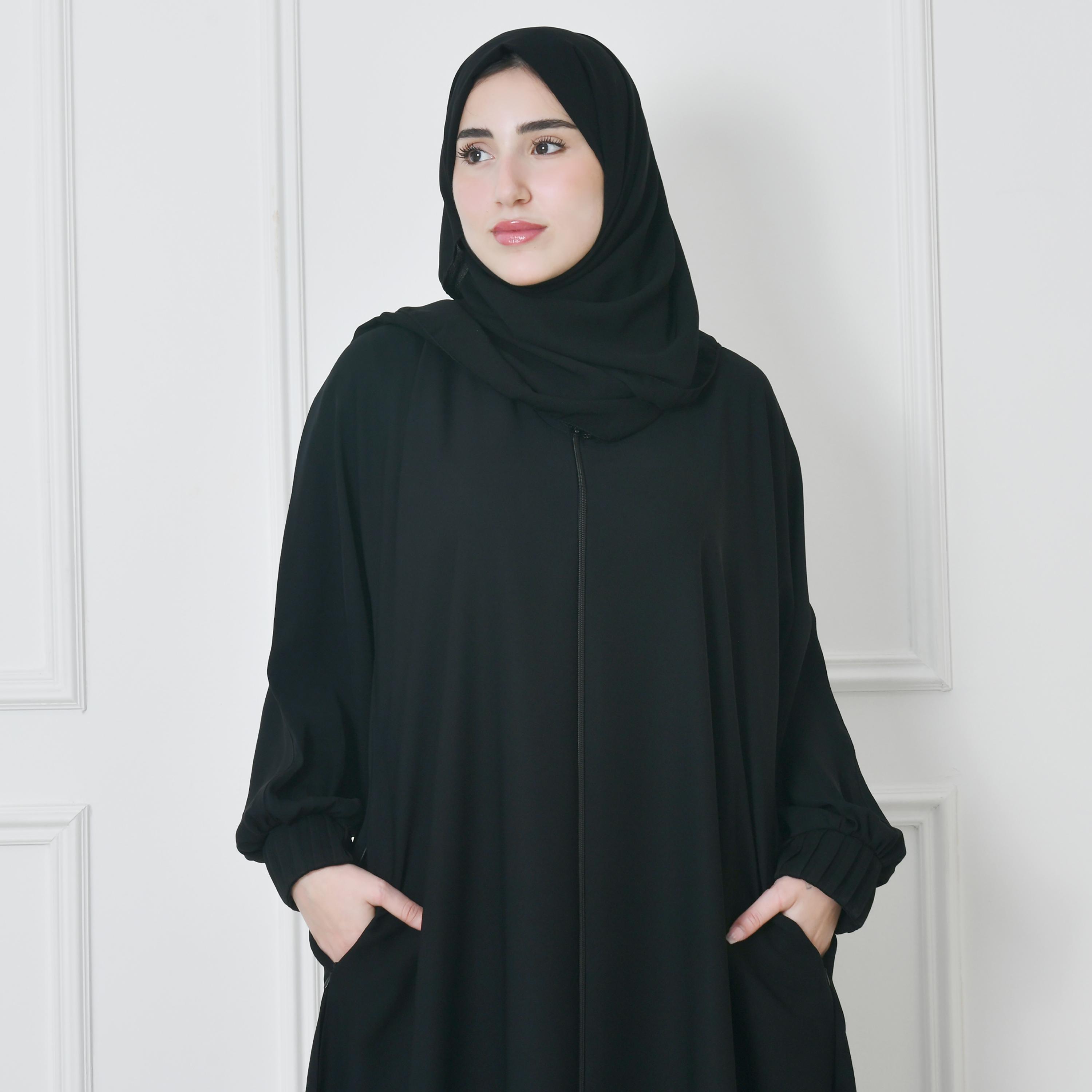 Hawraa Black Balloon Sleeves Linen Women's Flared Cut Abaya with Hijab-women-arabicclothing-abayas-image-5