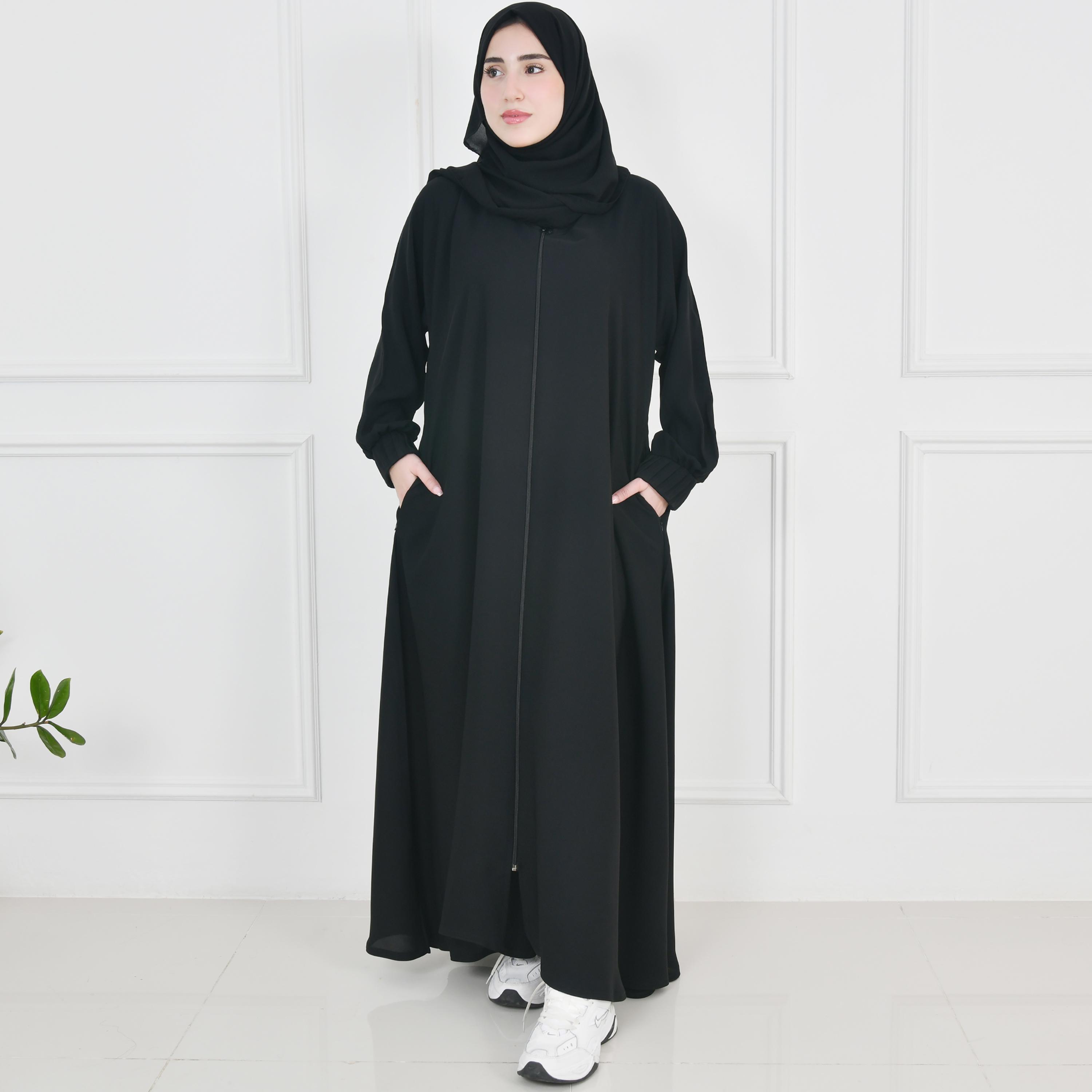 Hawraa Black Balloon Sleeves Linen Women's Flared Cut Abaya with Hijab-women-arabicclothing-abayas-image-7