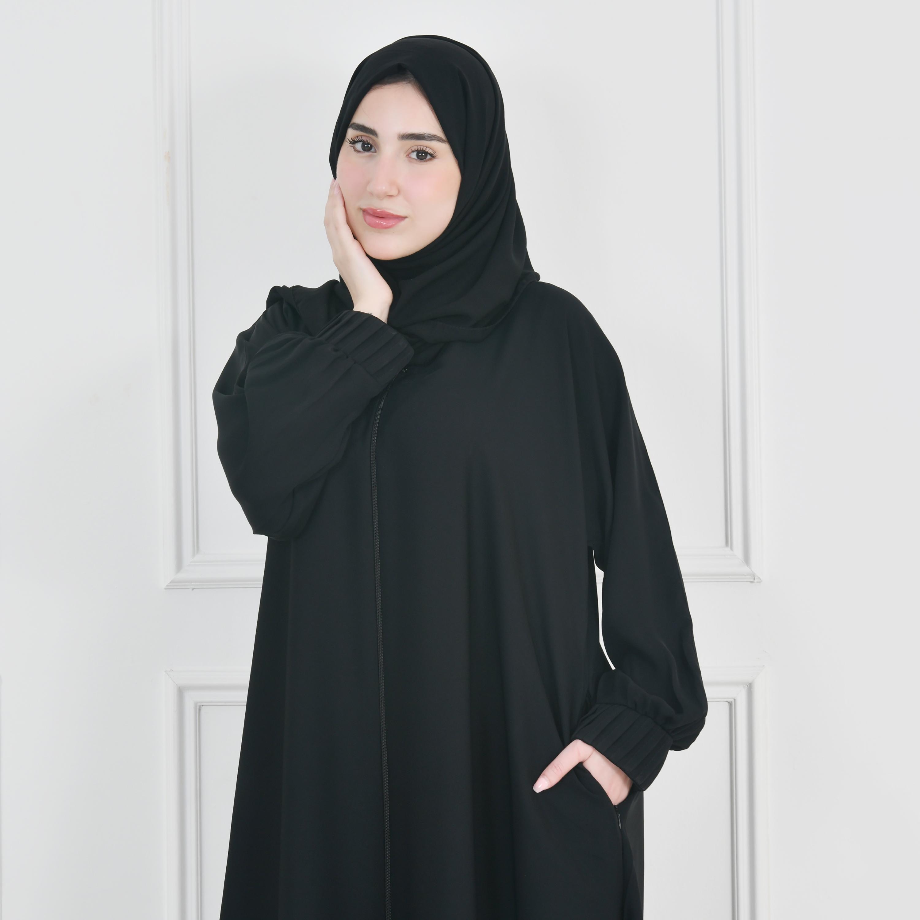 Hawraa Black Balloon Sleeves Linen Women's Flared Cut Abaya with Hijab-women-arabicclothing-abayas-image-8