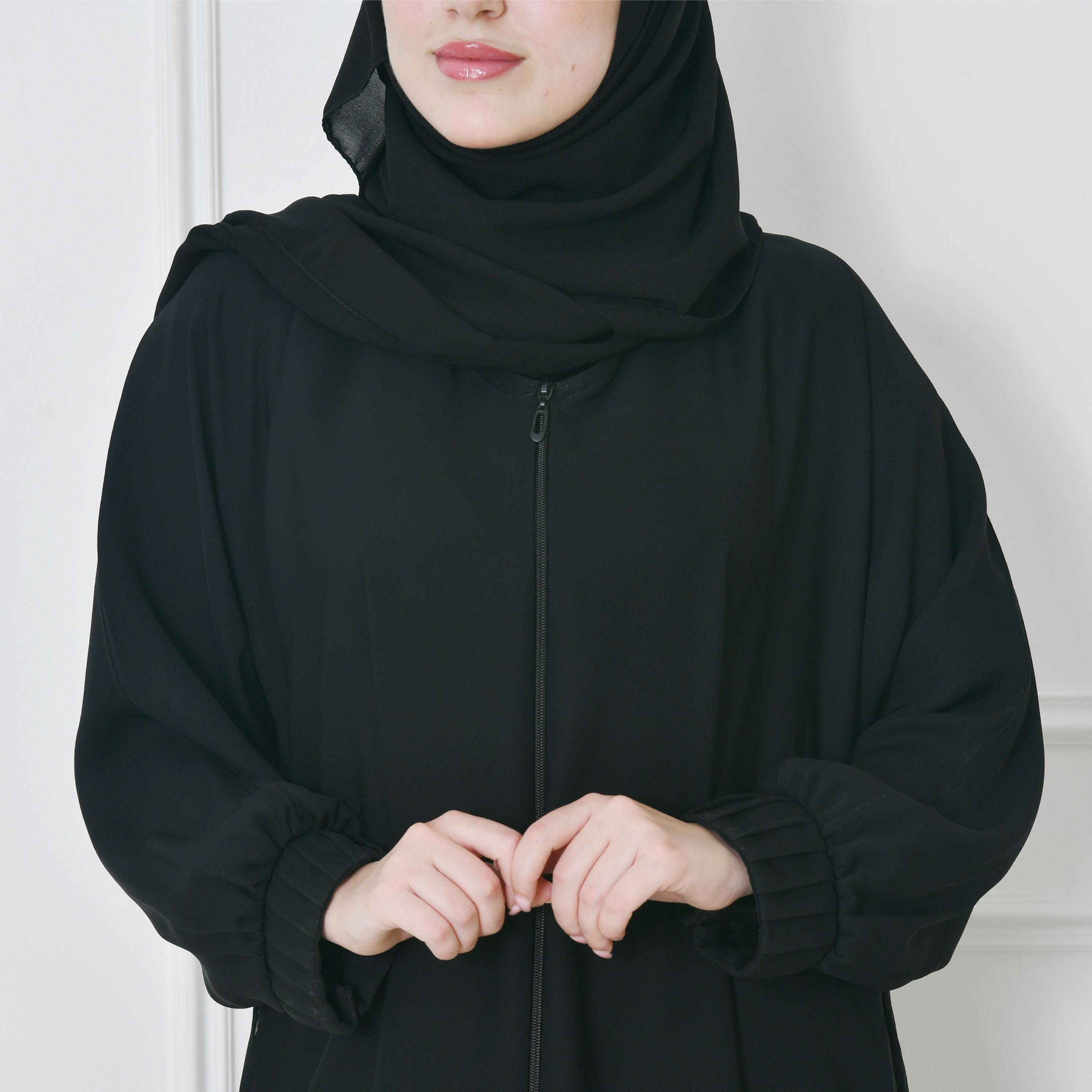 Hawraa Black Balloon Sleeves Linen Women's Flared Cut Abaya with Hijab-women-arabicclothing-abayas-image-9