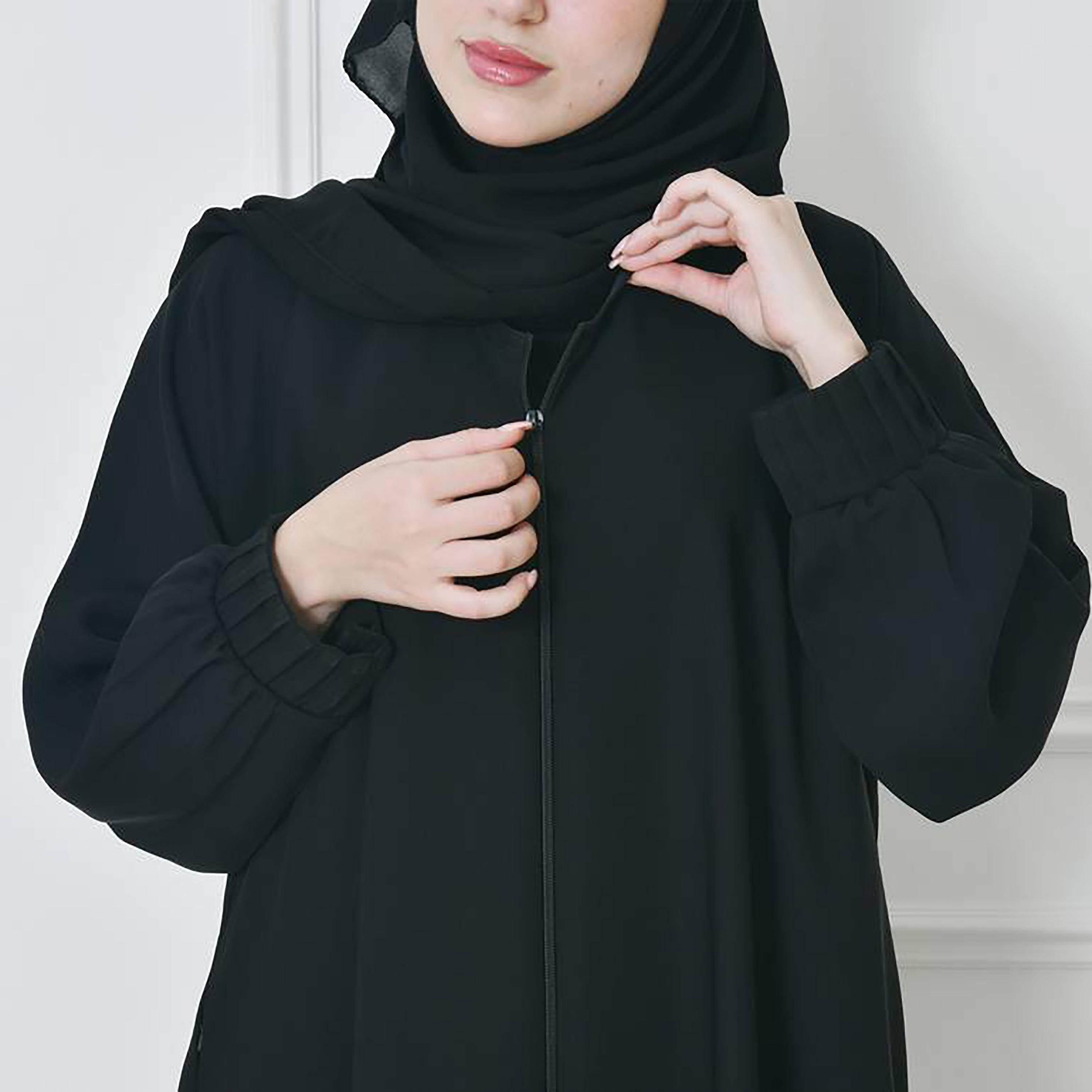 Hawraa Black Narrow Pleated Sleeves Crepe Abaya with Hijab-women-arabicclothing-abayas-image-3