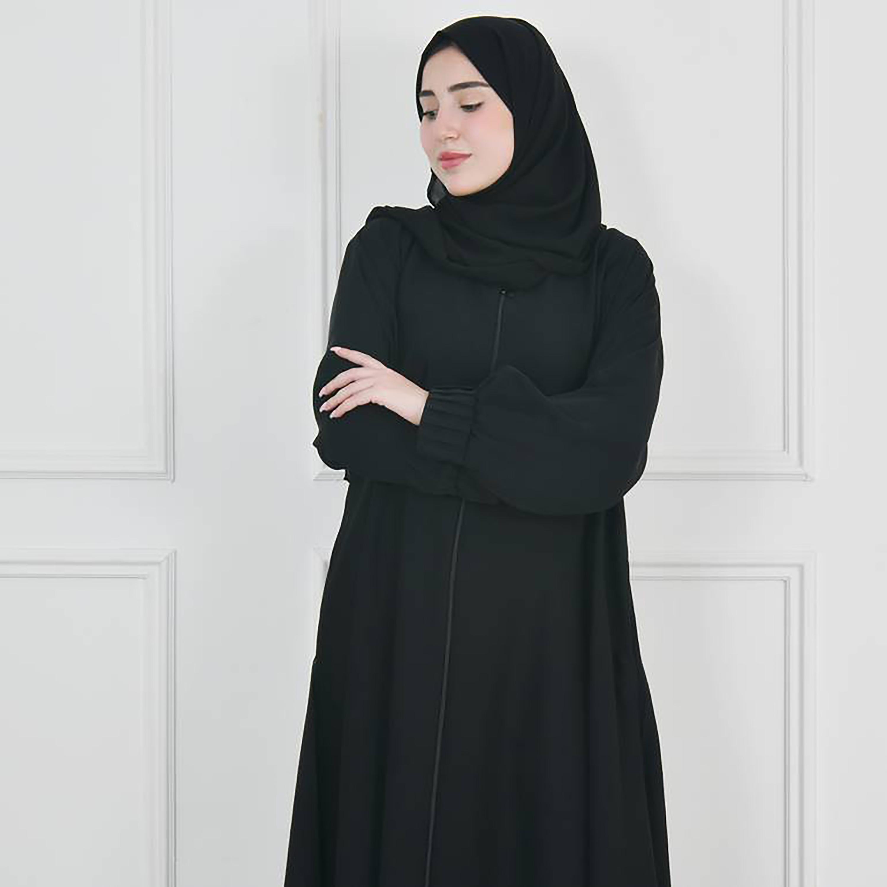 Hawraa Black Narrow Pleated Sleeves Crepe Abaya with Hijab-women-arabicclothing-prayerclothing-image-1