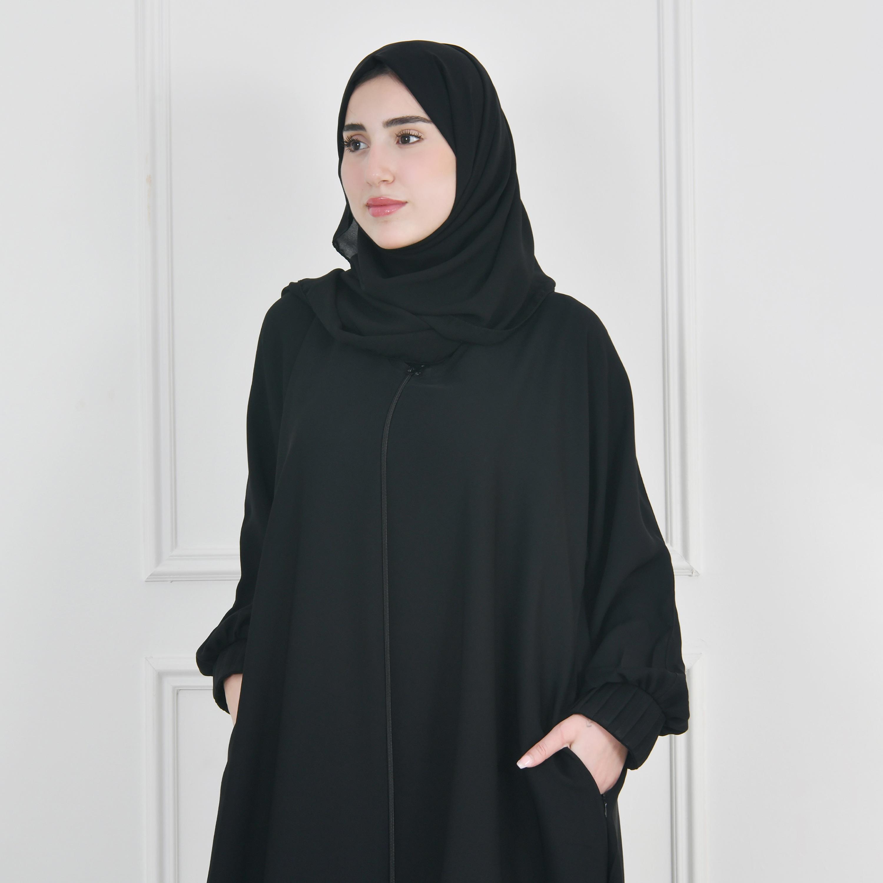 Hawraa Black Narrow Pleated Sleeves Crepe Abaya with Hijab-women-arabicclothing-prayerclothing-image-2