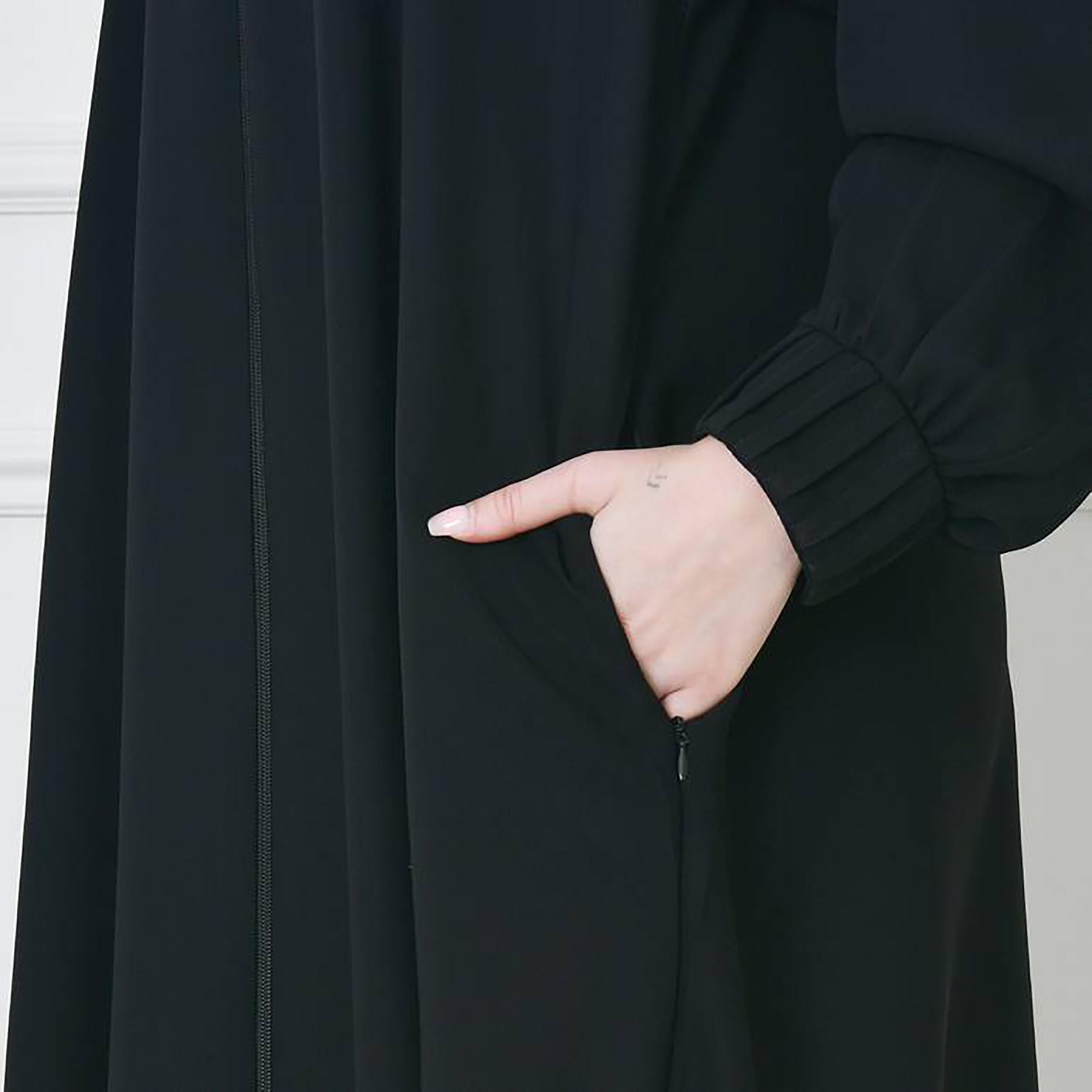 Hawraa Black Narrow Pleated Sleeves Crepe Abaya with Hijab-women-arabicclothing-prayerclothing-image-4