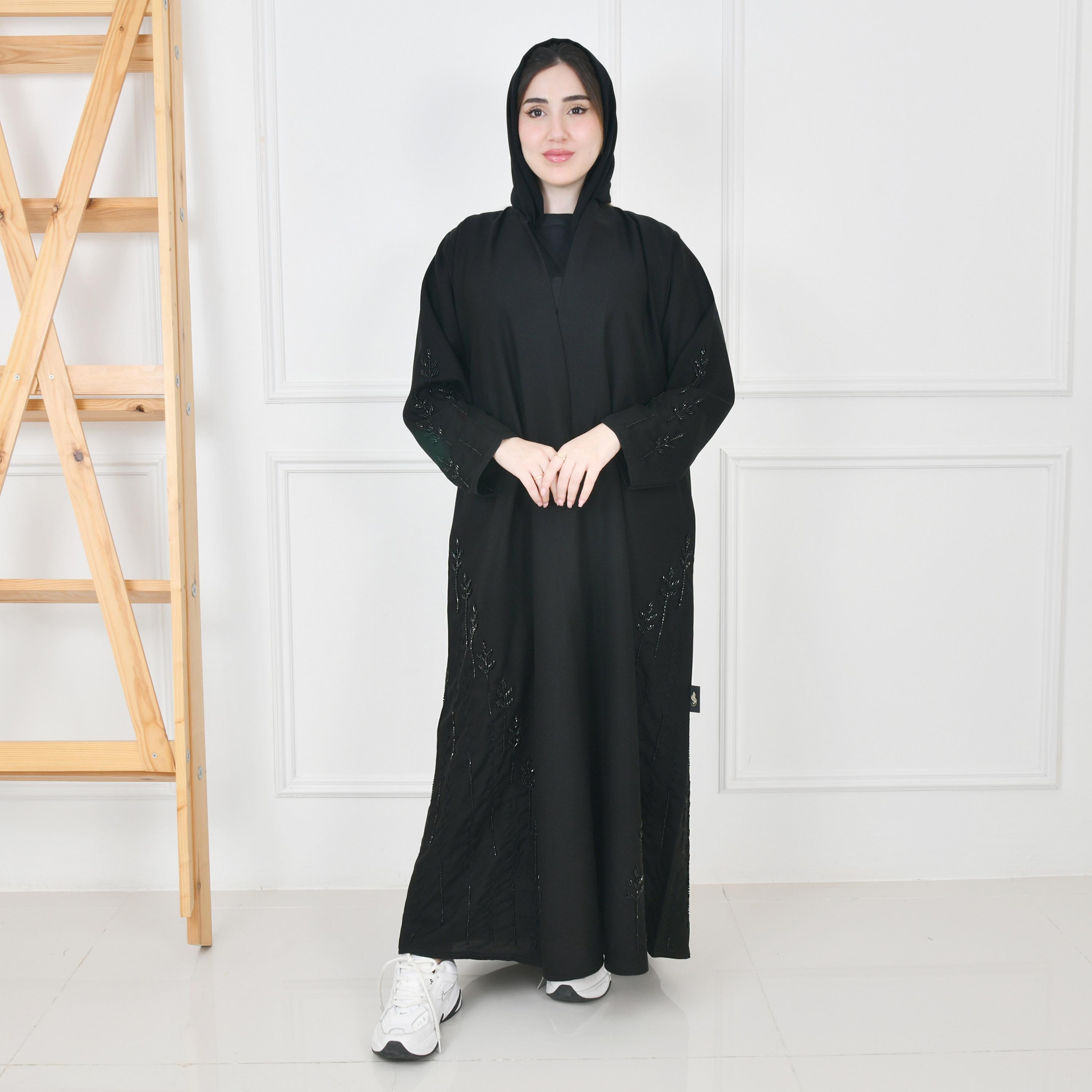 Hawraa Black Embellished Front-Open Women Wrap Abaya with Hijab-women-arabicclothing-abayas-image-1