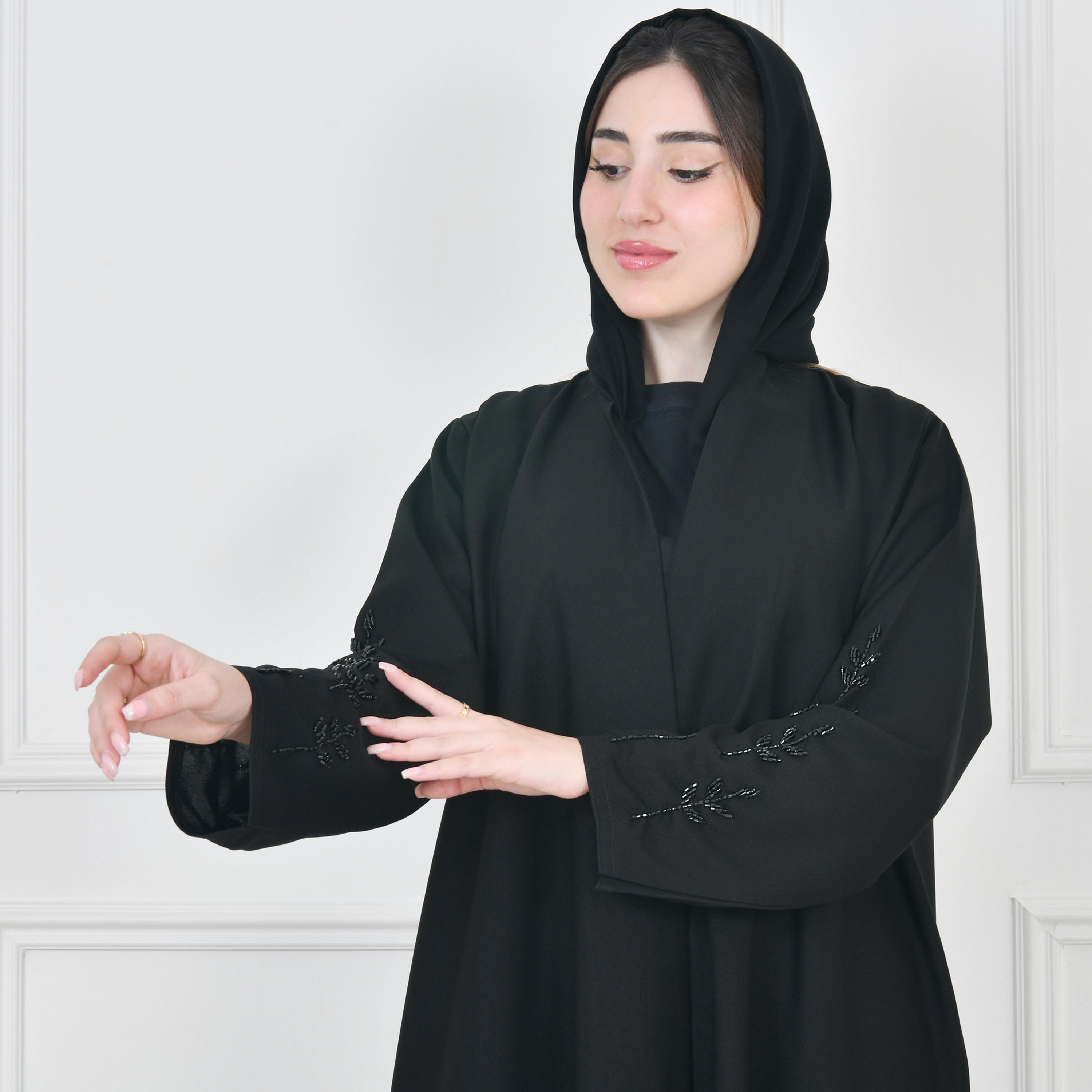 Hawraa Black Embellished Front-Open Women Wrap Abaya with Hijab-women-arabicclothing-abayas-image-2