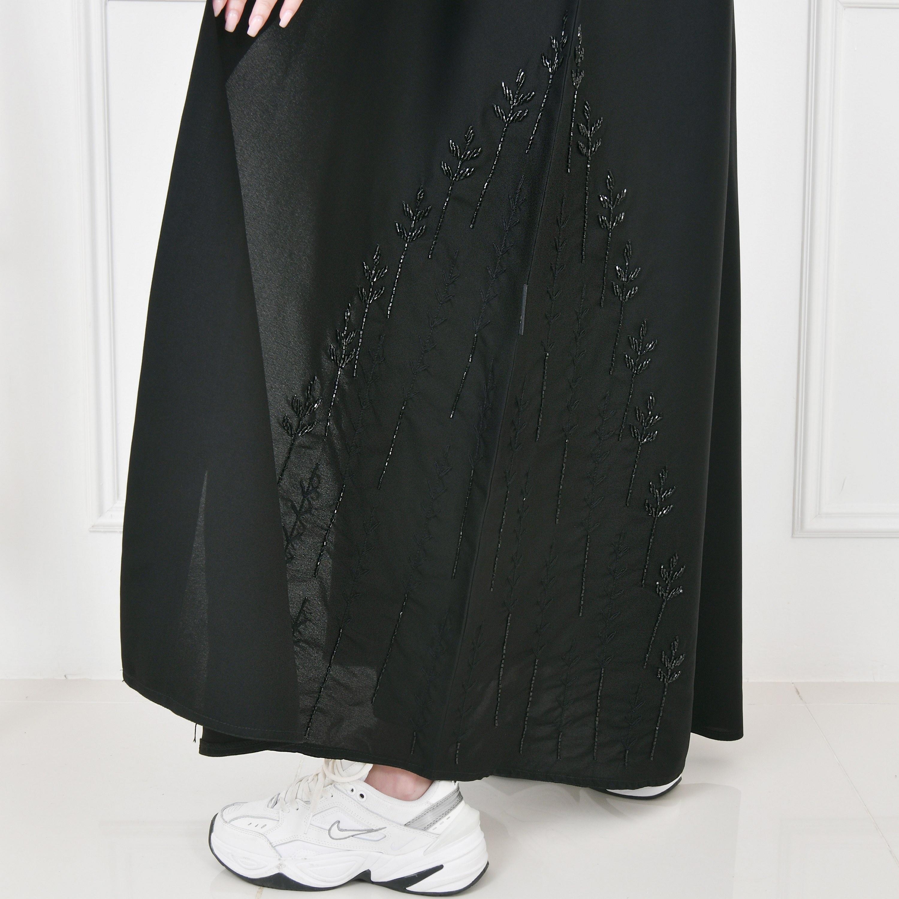 Hawraa Black Embellished Front-Open Women Wrap Abaya with Hijab-women-arabicclothing-abayas-image-3