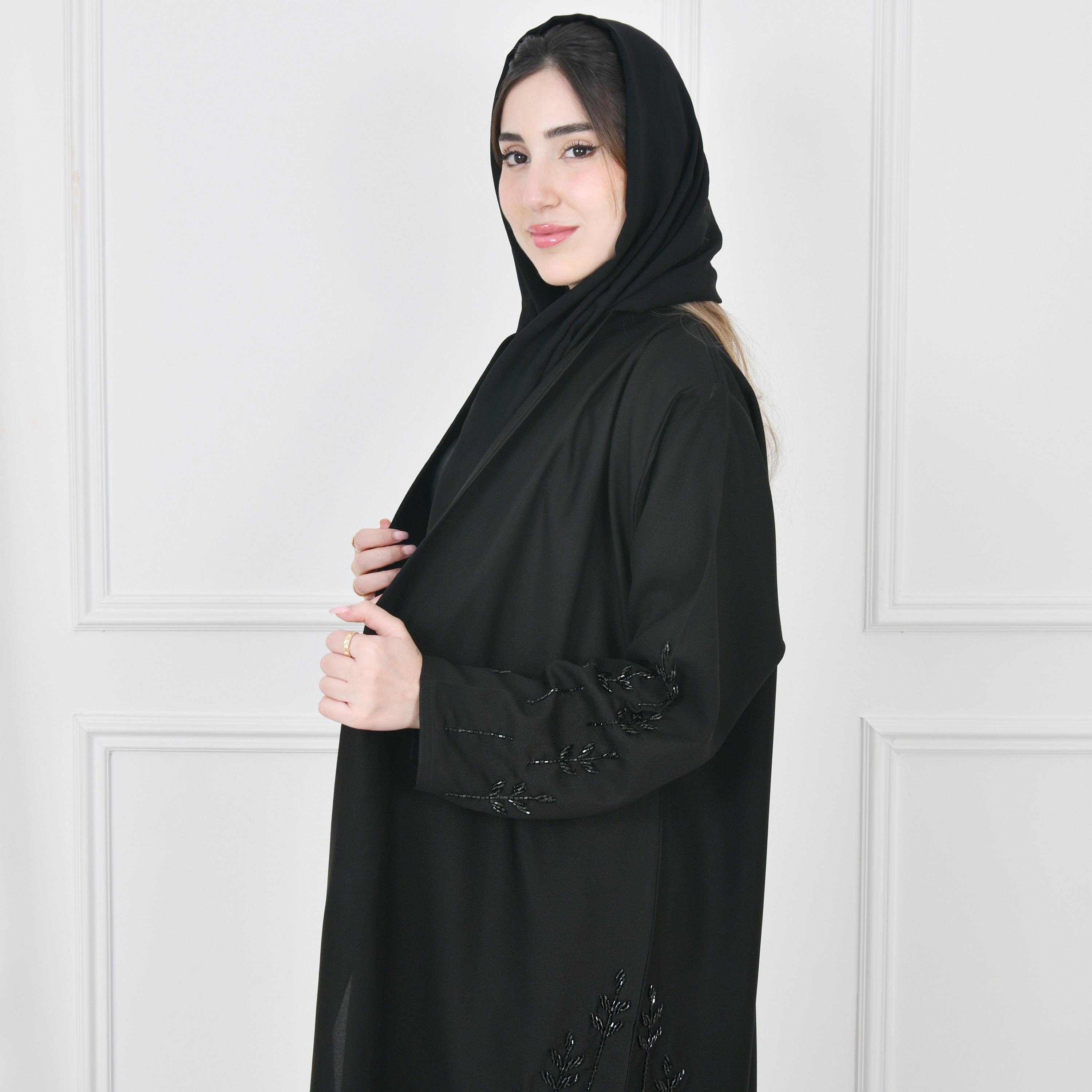Hawraa Black Embellished Front-Open Women Wrap Abaya with Hijab-women-arabicclothing-abayas-image-4
