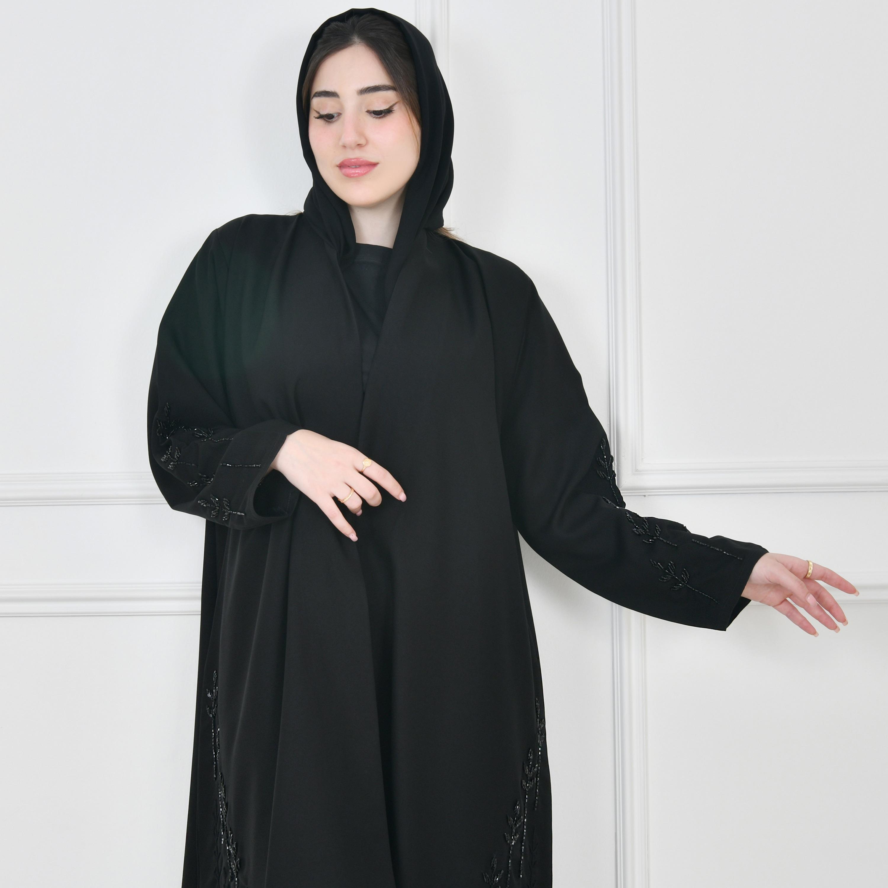 Hawraa Black Embellished Front-Open Women Wrap Abaya with Hijab-women-arabicclothing-abayas-image-5
