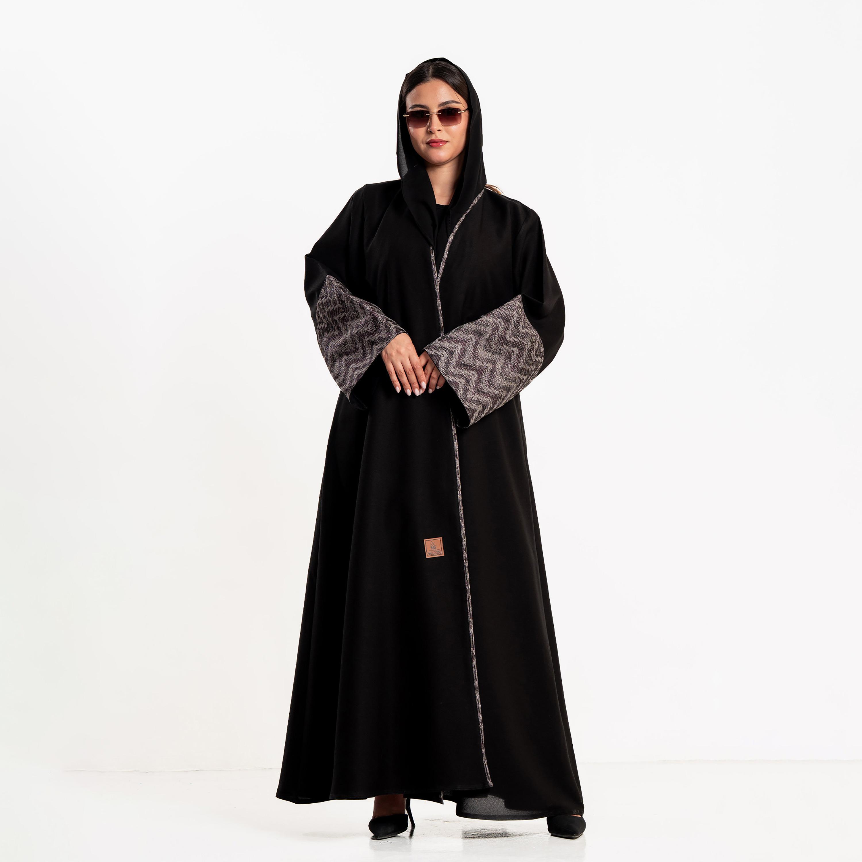 Zahiyh Black Chevron Wide Sleeves Women's Abaya with Hijab-women-arabicclothing-abayas-image-1
