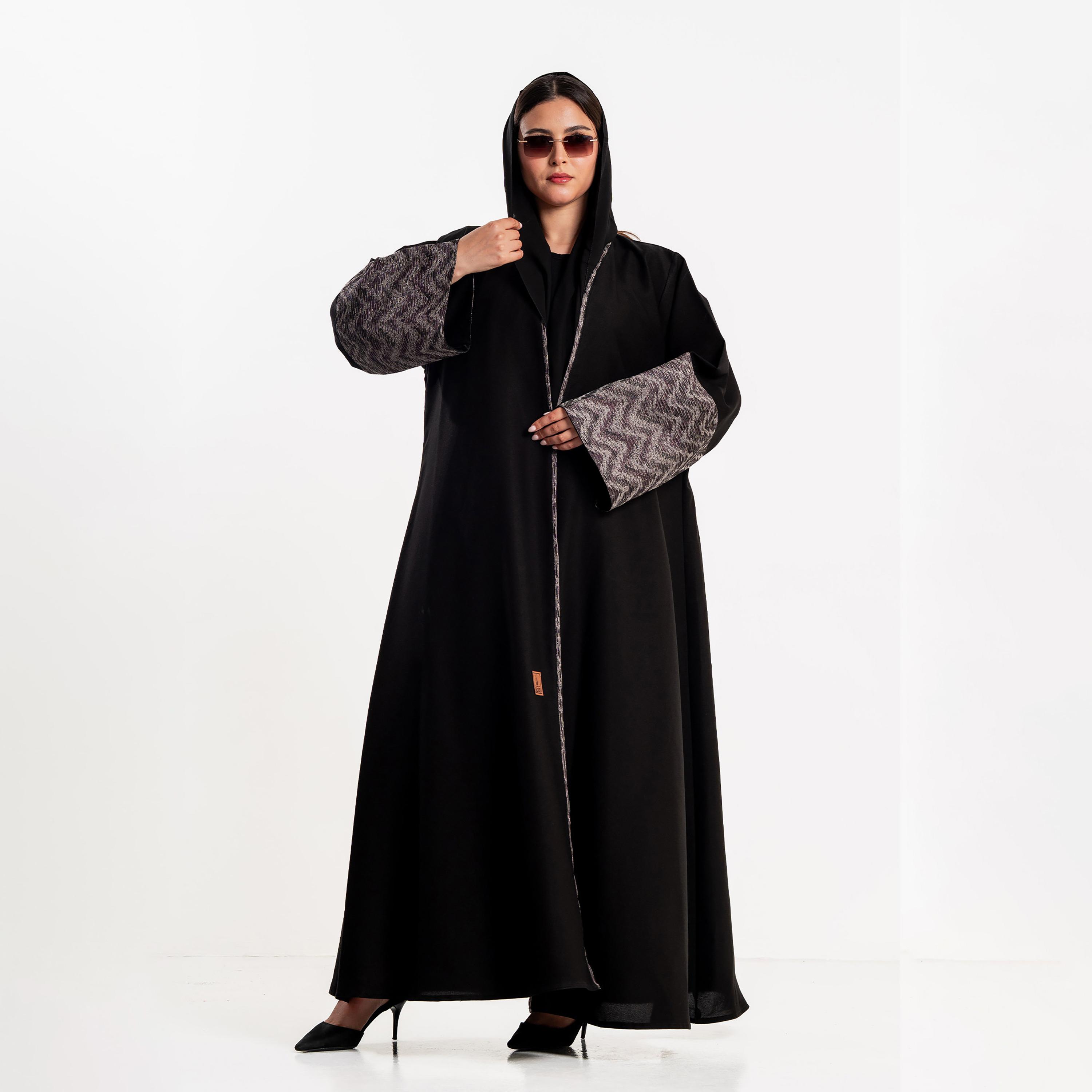 Zahiyh Black Chevron Wide Sleeves Women's Abaya with Hijab-women-arabicclothing-abayas-image-2