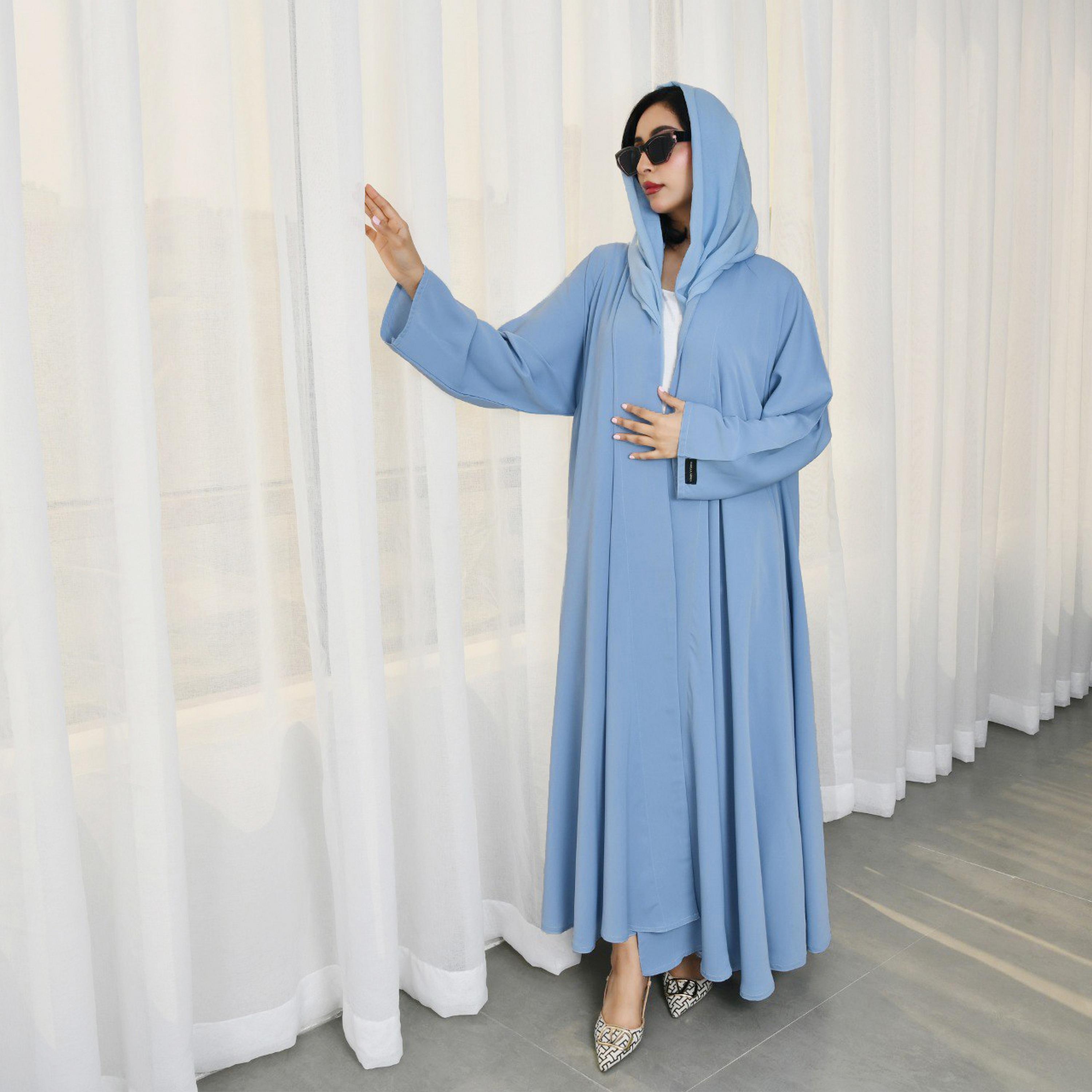 Hawraa Blue Front-Open Women Wrap Abaya with Hijab-women-arabicclothing-abayas-image-1