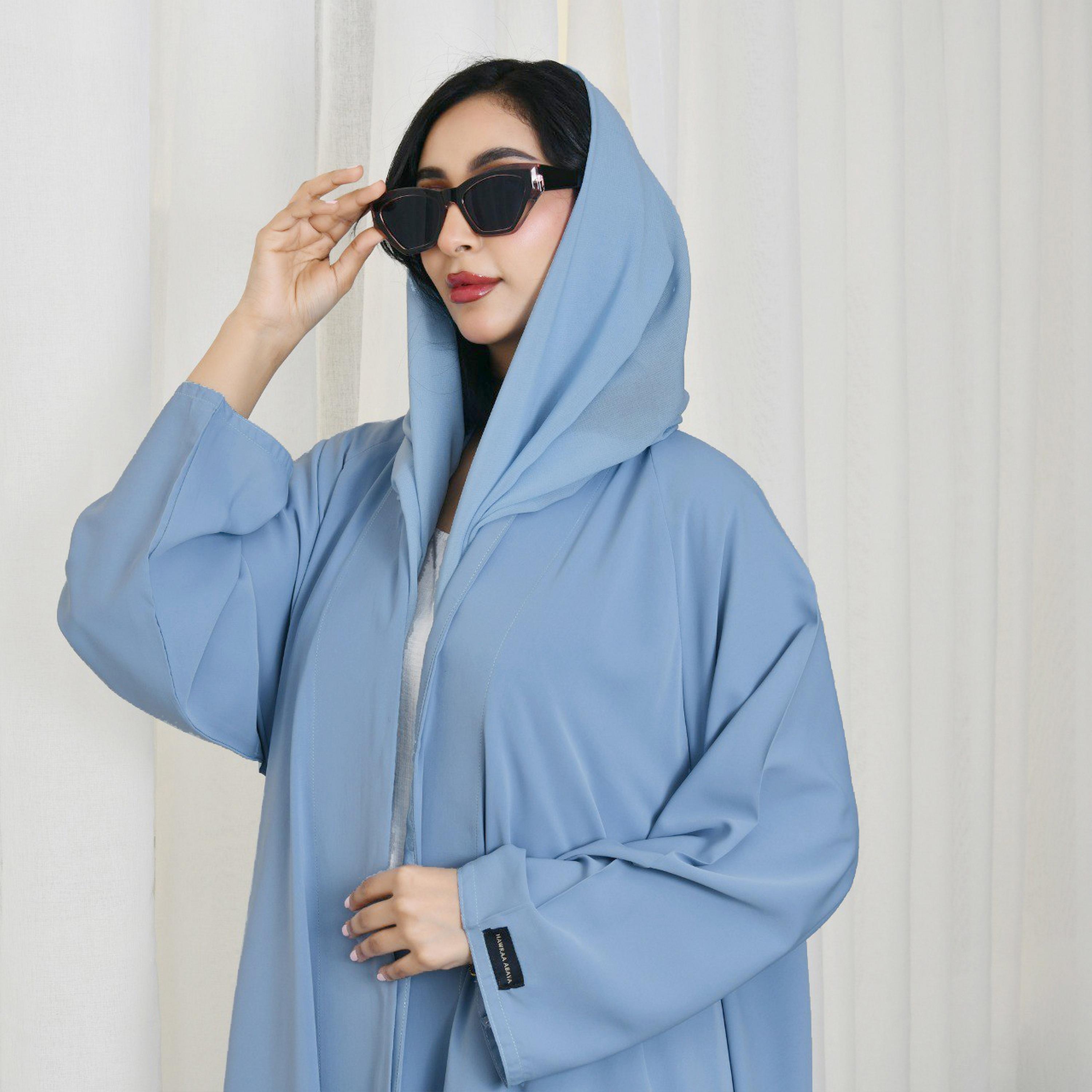 Hawraa Blue Front-Open Women Wrap Abaya with Hijab-women-arabicclothing-abayas-image-2