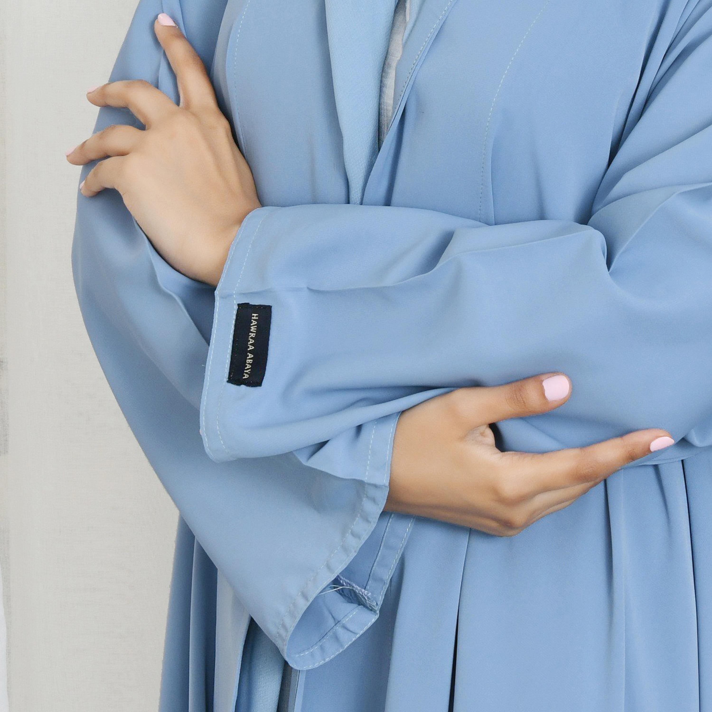Hawraa Blue Front-Open Women Wrap Abaya with Hijab-women-arabicclothing-abayas-image-3
