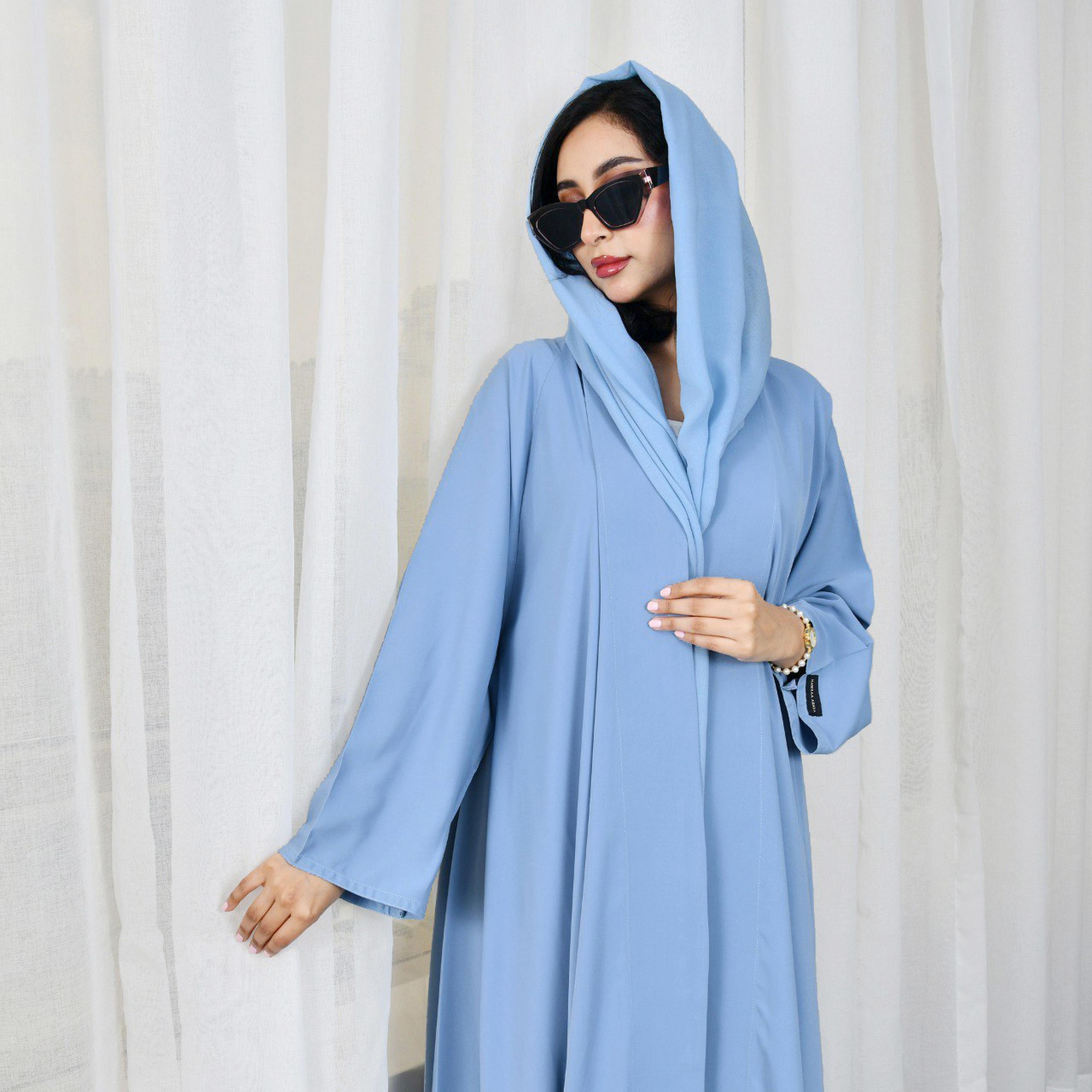 Hawraa Blue Front-Open Women Wrap Abaya with Hijab-women-arabicclothing-abayas-image-4