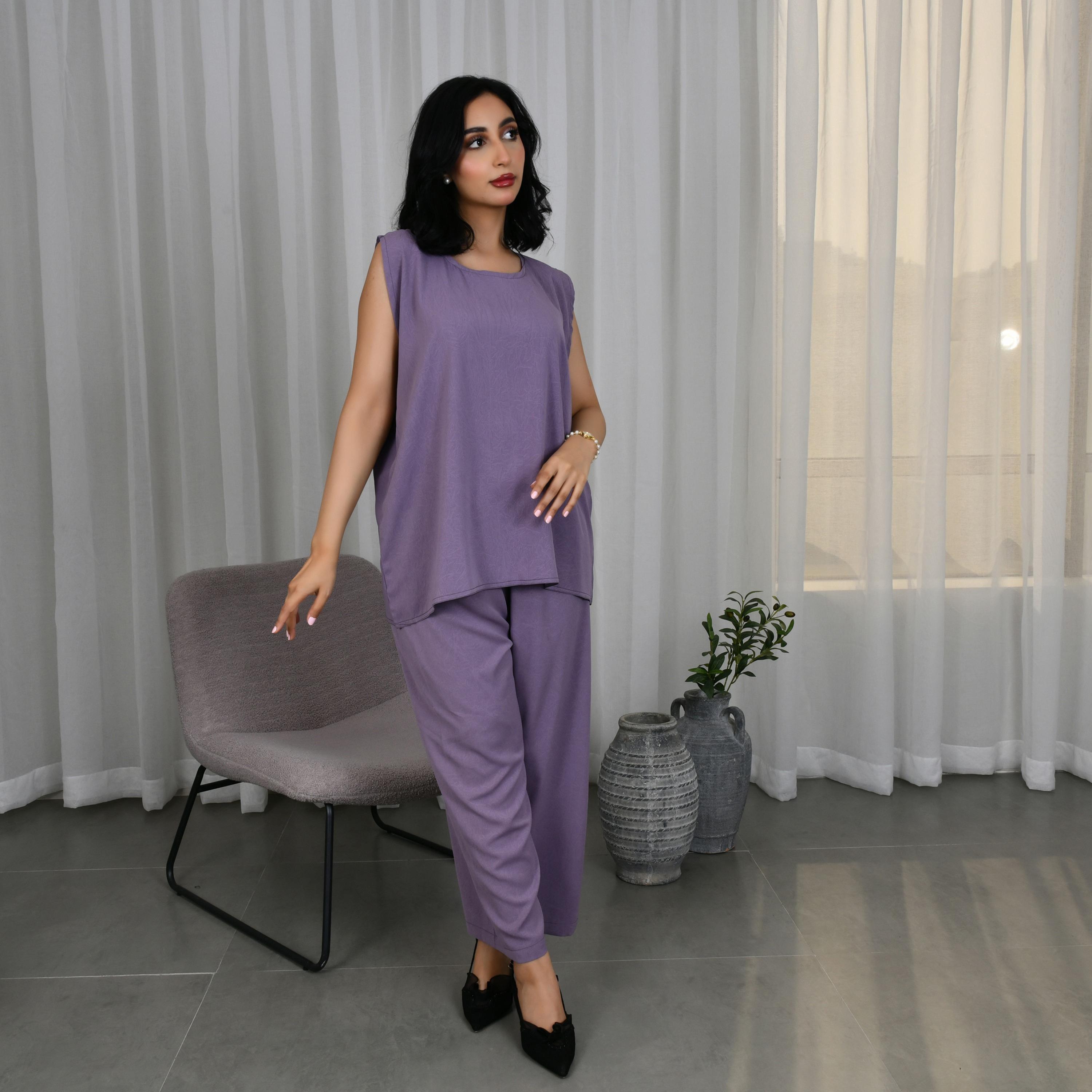 Hawraa 2-Piece Purple Cap Sleeves Women Under Abaya Top and Bottom-women-clothing-coordsets-image-1
