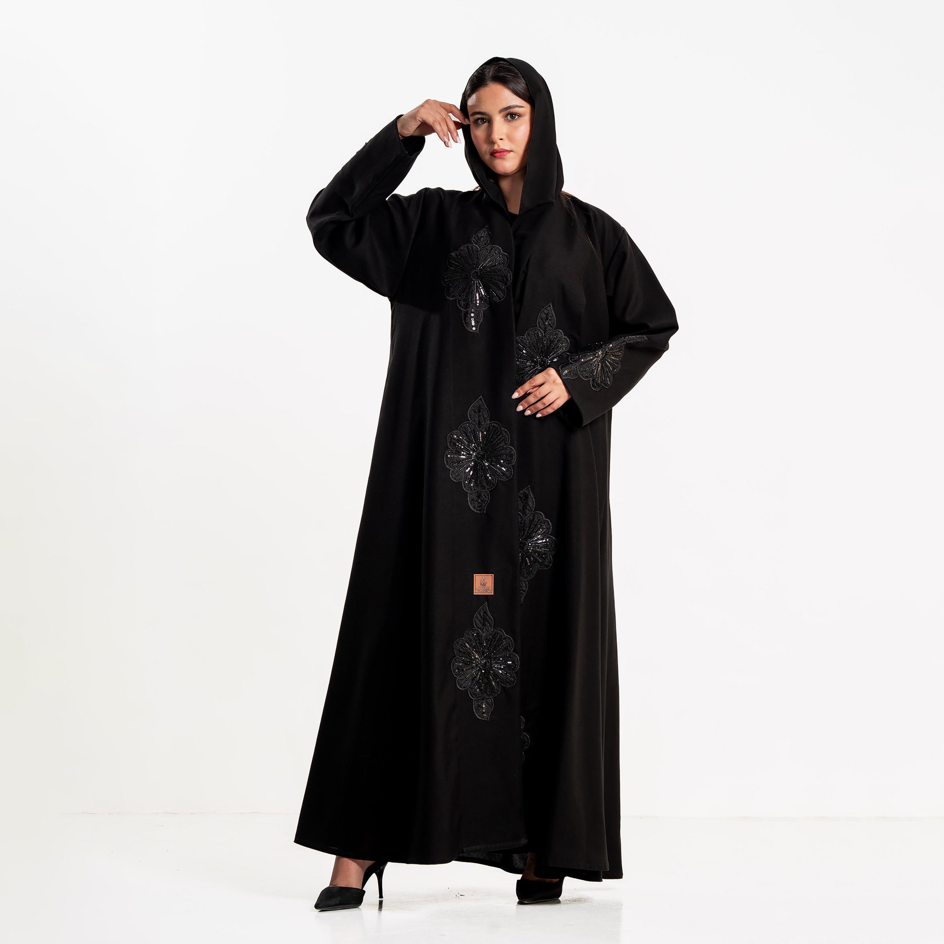 Zahiyh Black Floral Embroidered Women's Evening Abaya with Hijab-women-arabicclothing-abayas-image-1