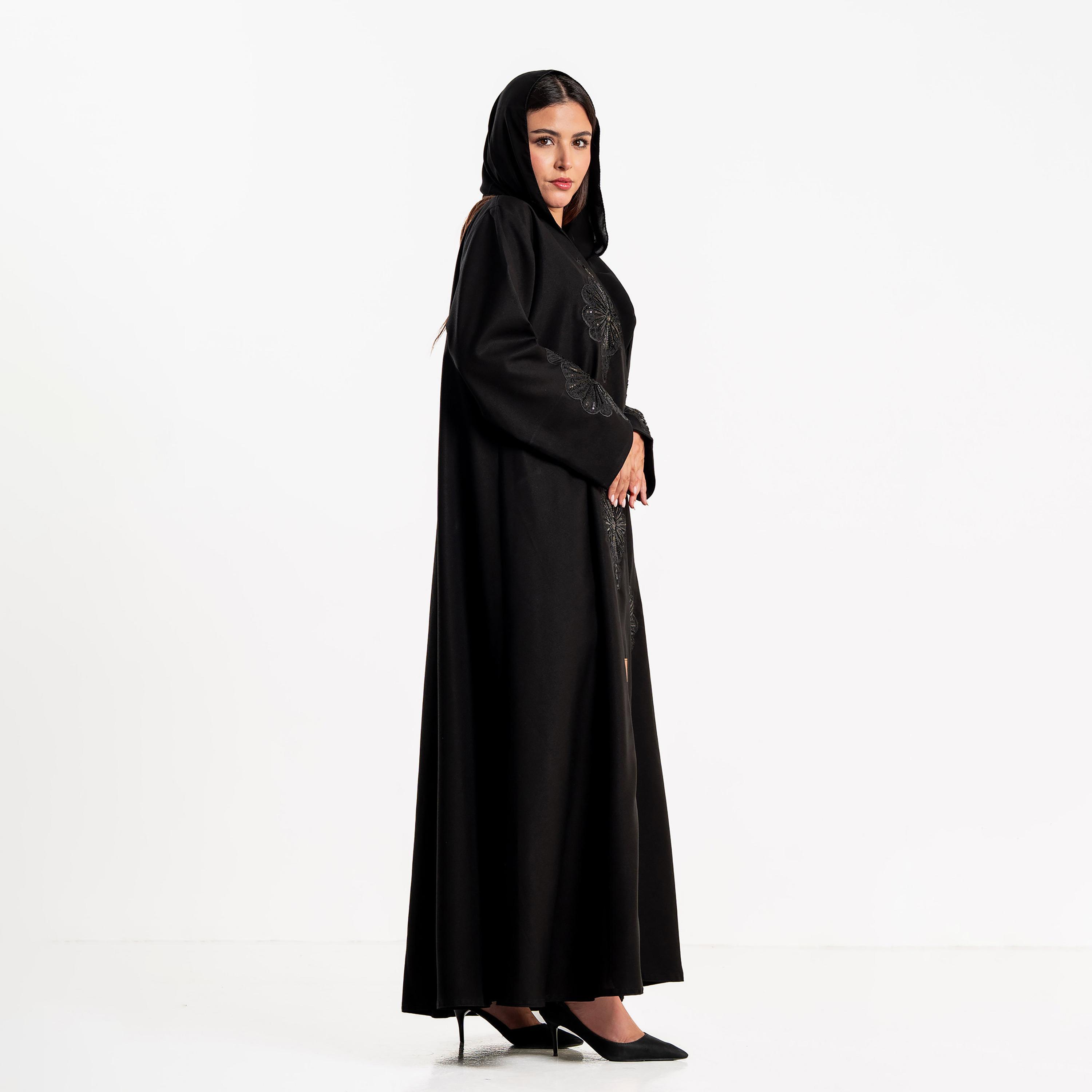 Zahiyh Black Floral Embroidered Women's Evening Abaya with Hijab-women-arabicclothing-abayas-image-2