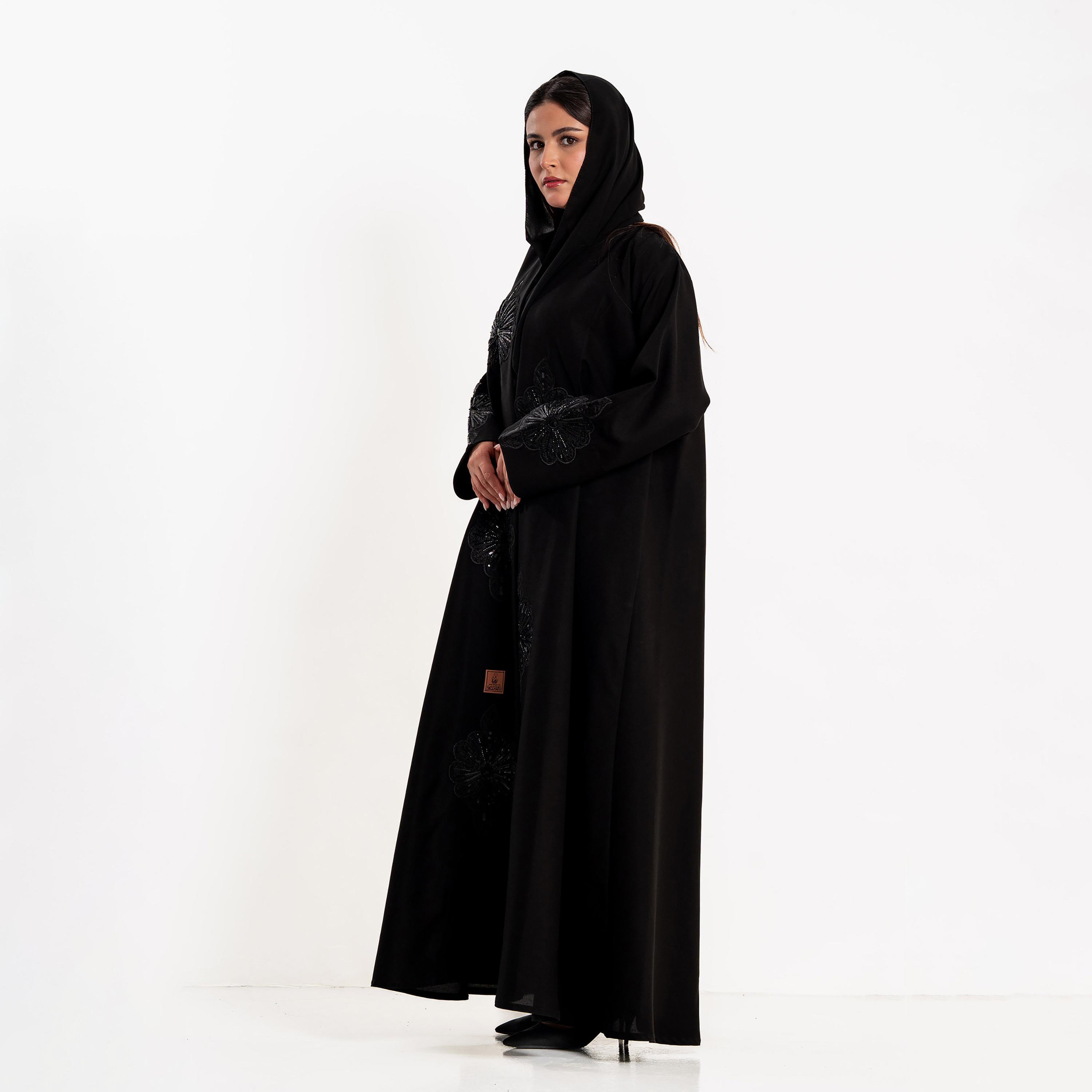 Zahiyh Black Floral Embroidered Women's Evening Abaya with Hijab-women-arabicclothing-abayas-image-3