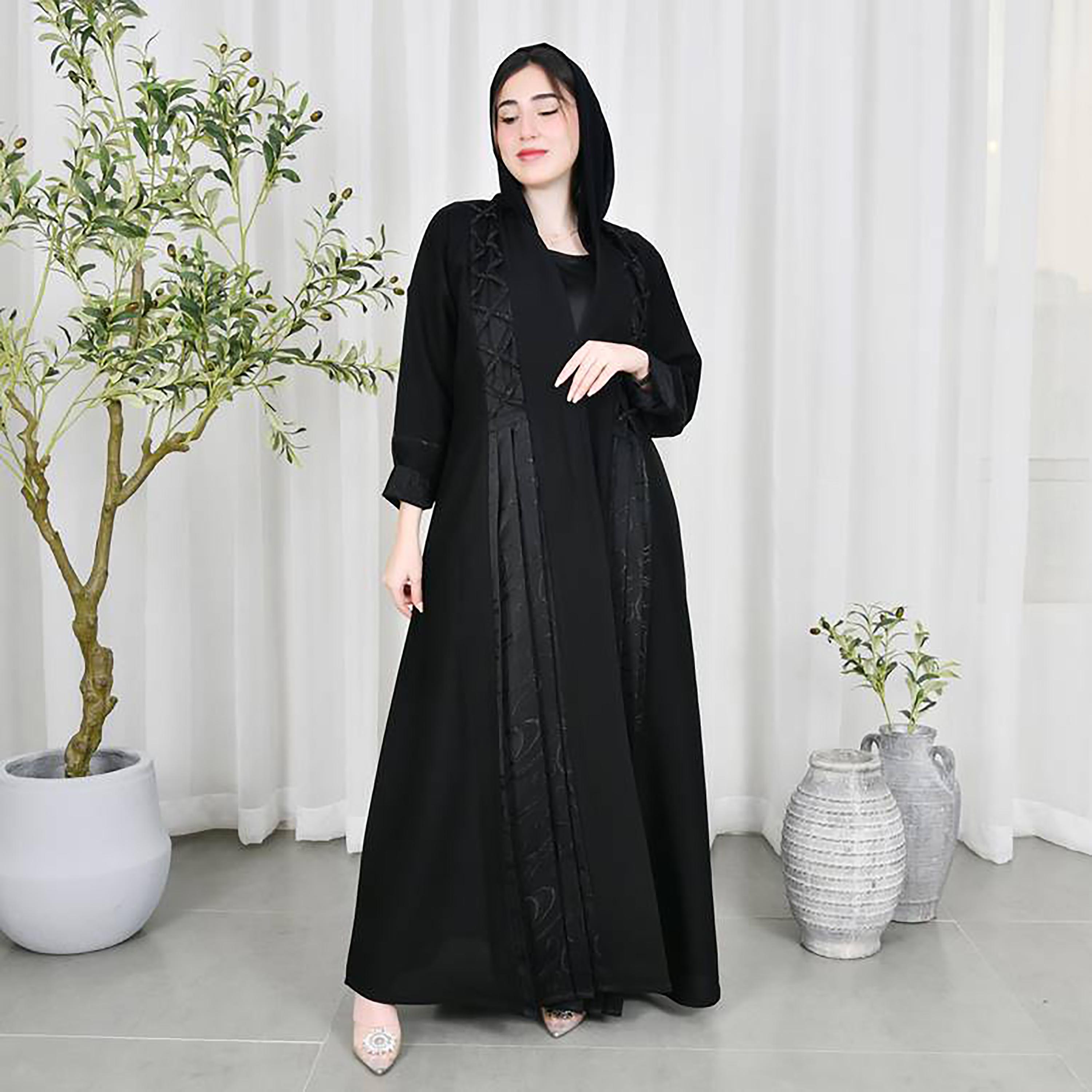 Hawraa Black Crepe Sequined Threads & Pleat Wrap Abaya with Hijab-women-arabicclothing-abayas-image-1