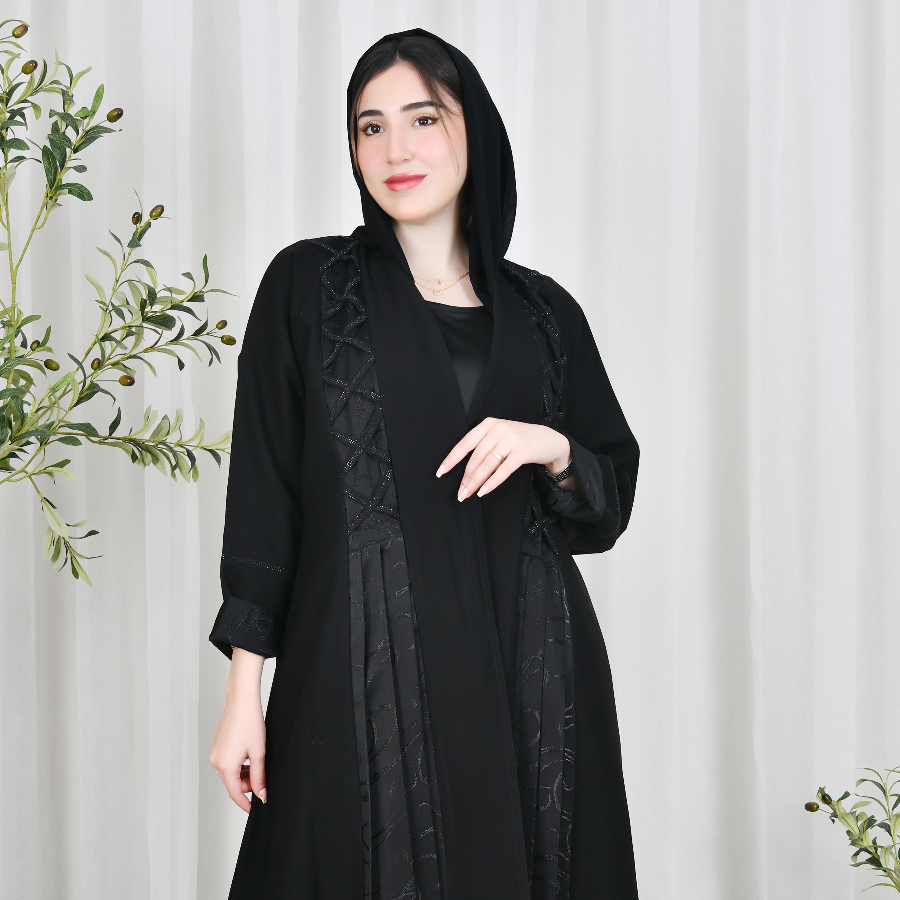Hawraa Black Crepe Sequined Threads & Pleat Wrap Abaya with Hijab-women-arabicclothing-abayas-image-2