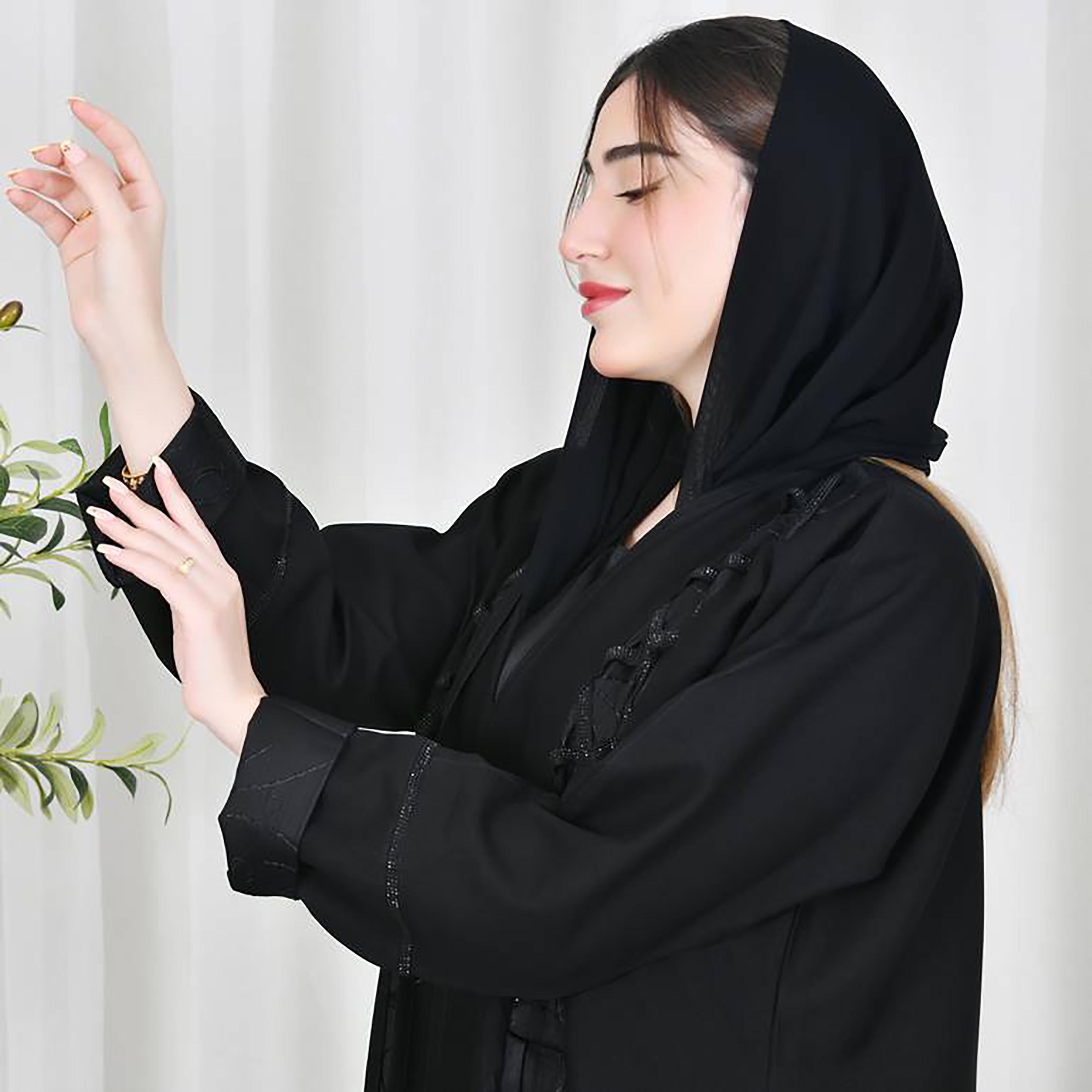 Hawraa Black Crepe Sequined Threads & Pleat Wrap Abaya with Hijab-women-arabicclothing-abayas-image-3