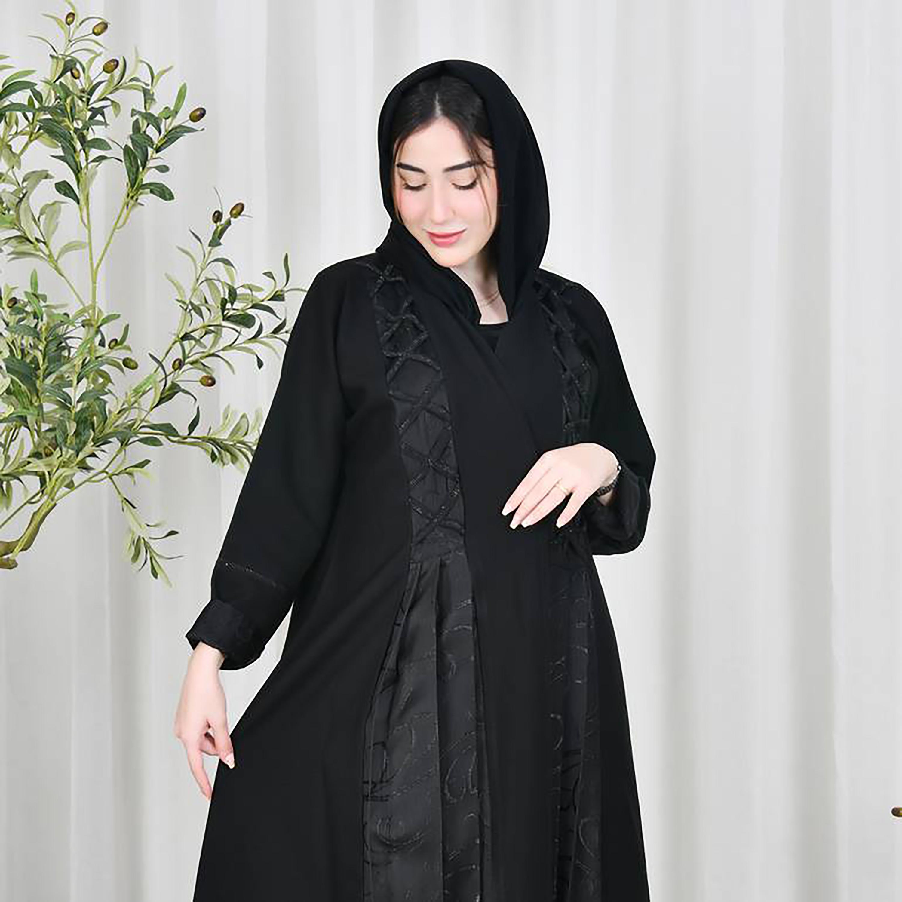 Hawraa Black Crepe Sequined Threads & Pleat Wrap Abaya with Hijab-women-arabicclothing-abayas-image-4