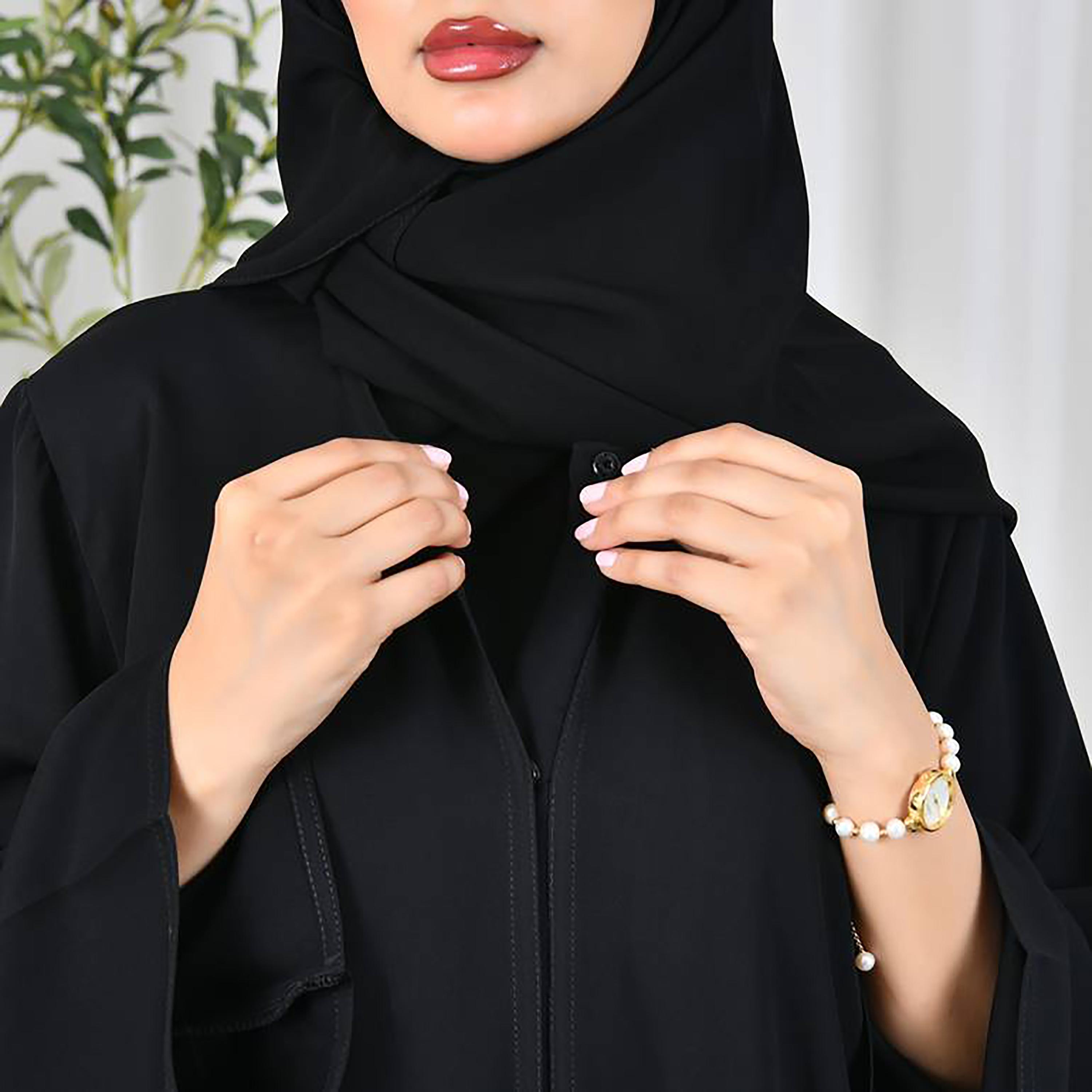 Hawraa Black Flared Sleeves Crepe Abaya with Hijab-women-arabicclothing-abayas-image-3