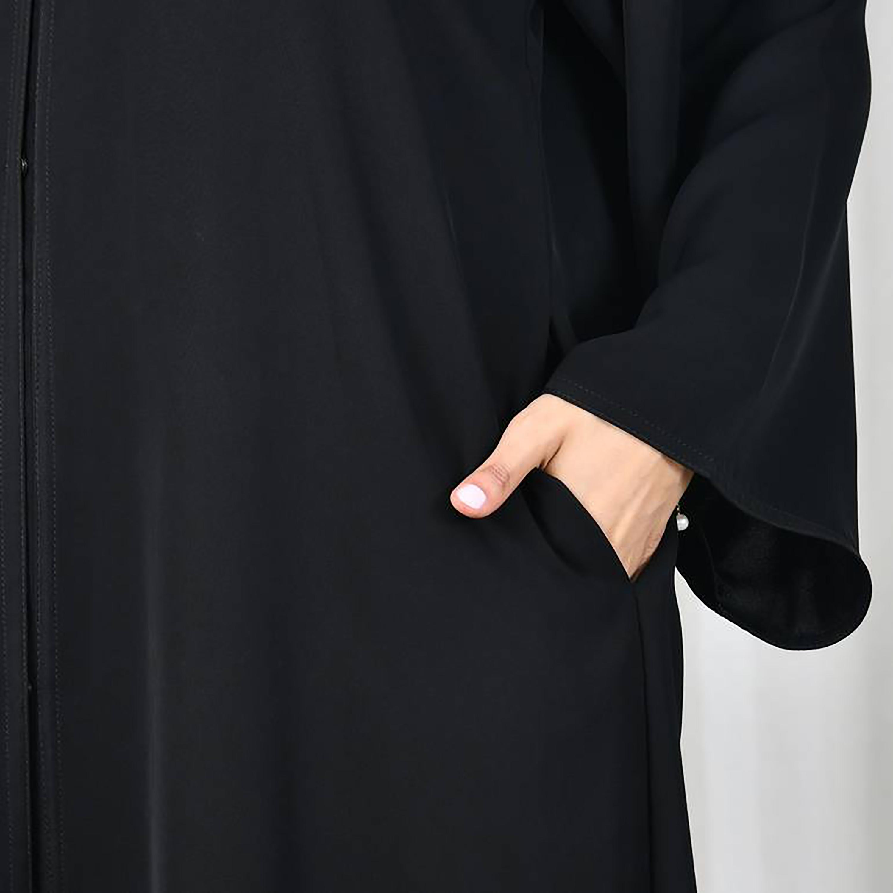 Hawraa Black Flared Sleeves Crepe Abaya with Hijab-women-arabicclothing-abayas-image-4