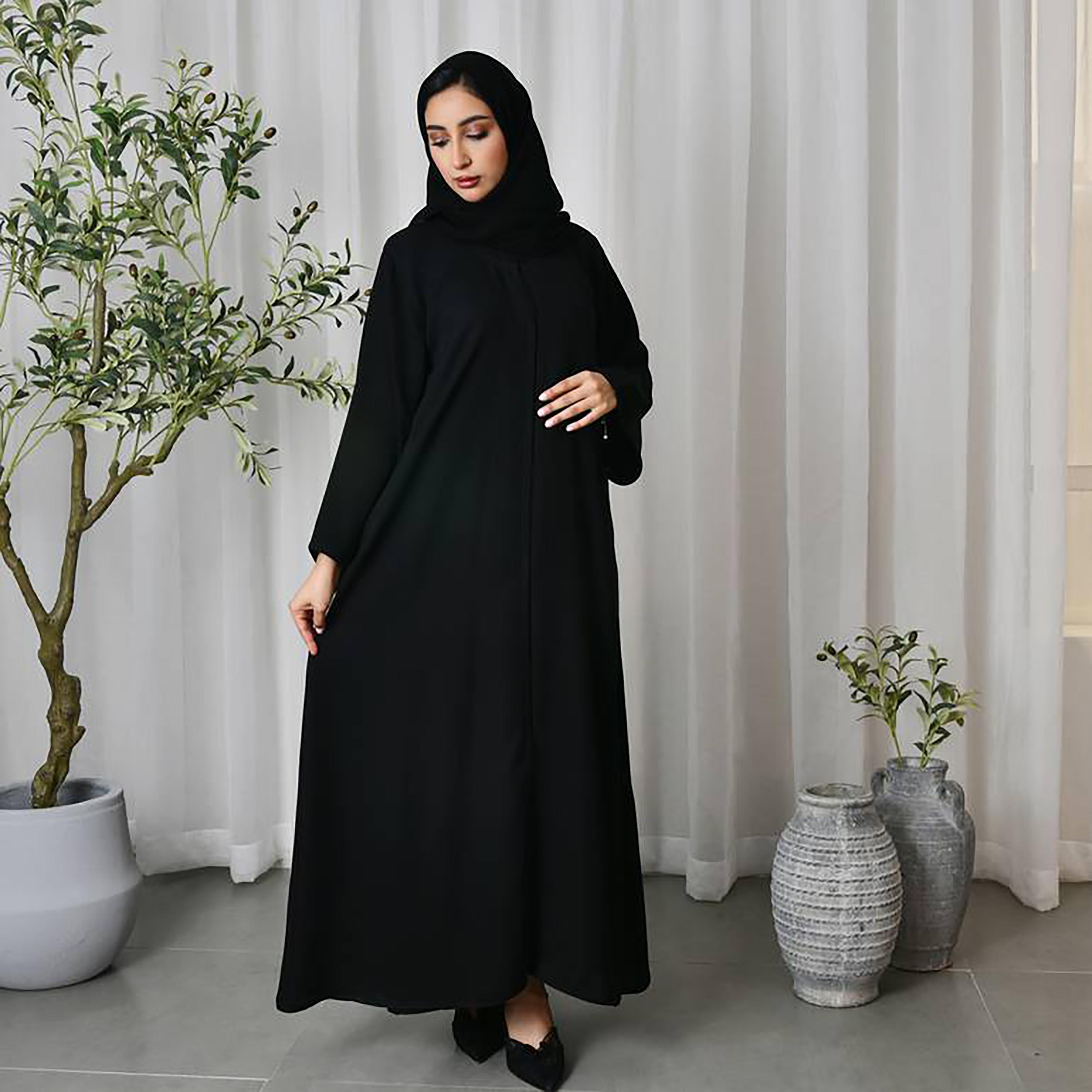 Hawraa Black Flared Sleeves Crepe Abaya with Hijab-women-arabicclothing-abayas-image-1