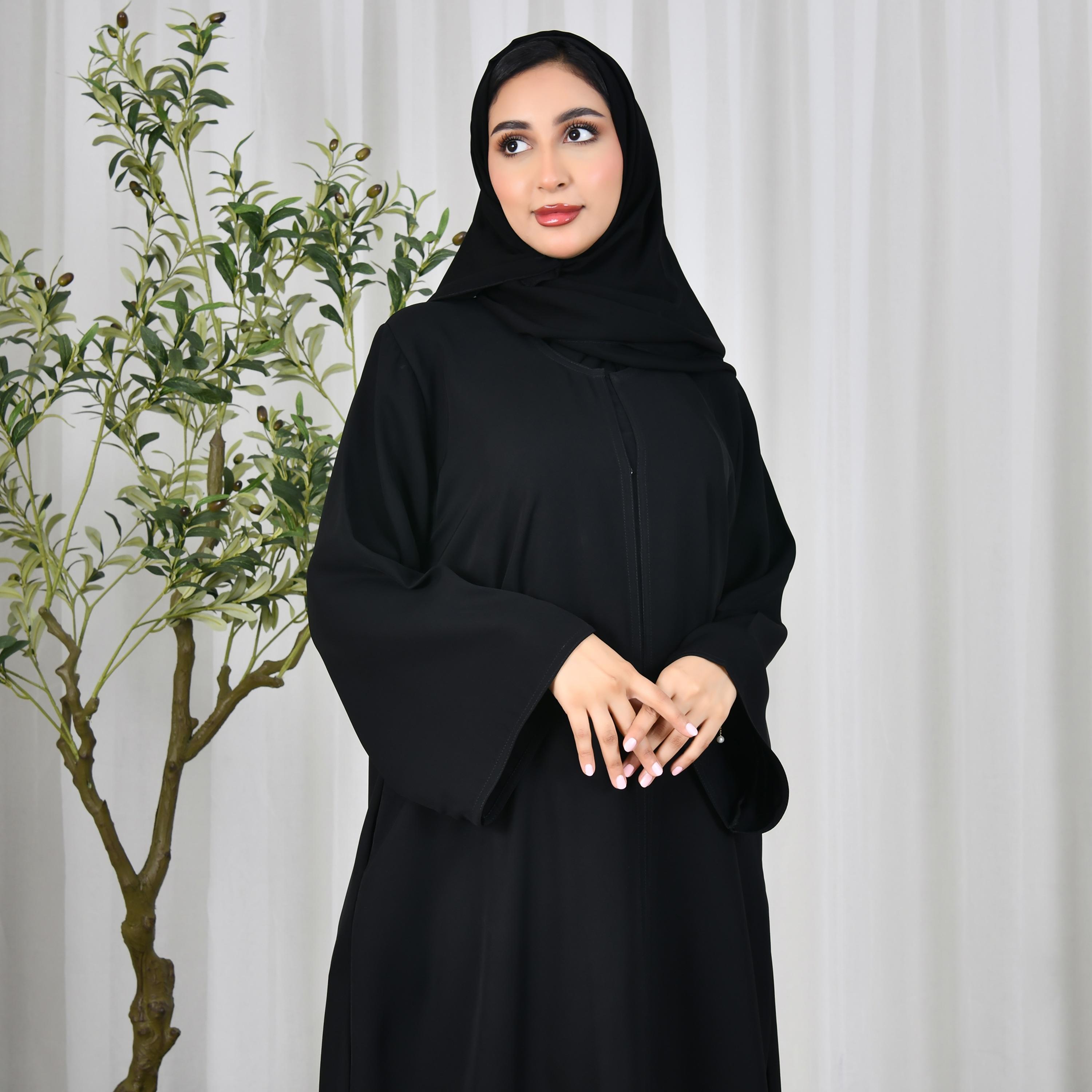 Hawraa Black Flared Sleeves Crepe Abaya with Hijab-women-arabicclothing-abayas-image-2