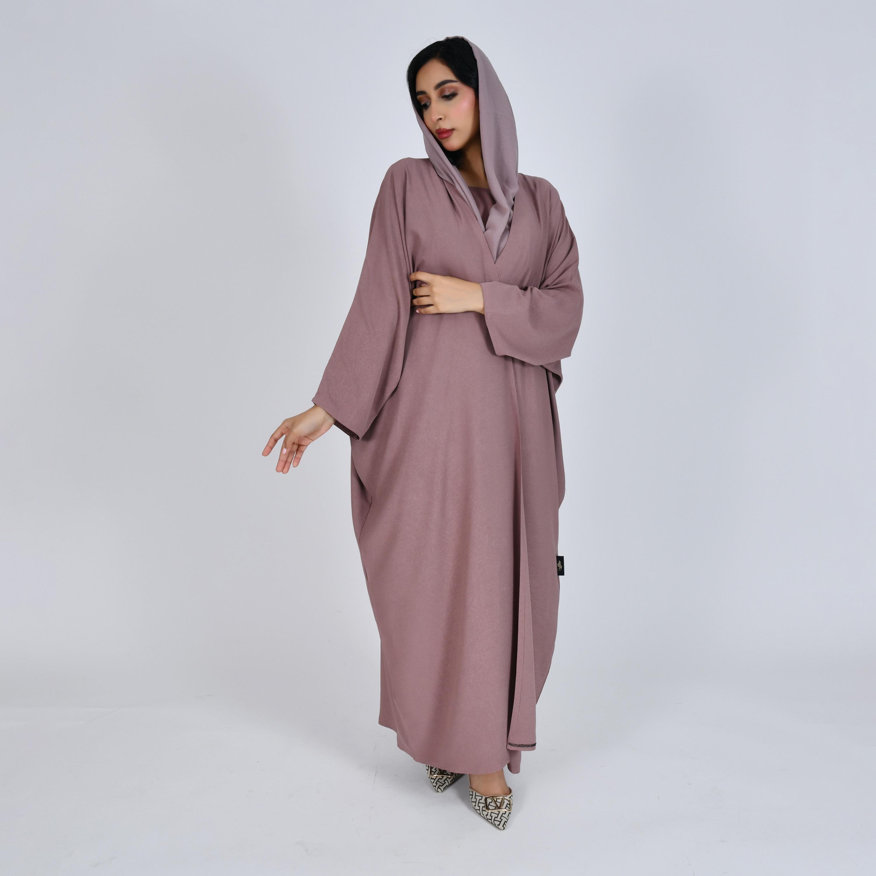 Hawraa Pink Front-Open Batwing Sleeves Women Abaya with Hijab-women-arabicclothing-abayas-image-1