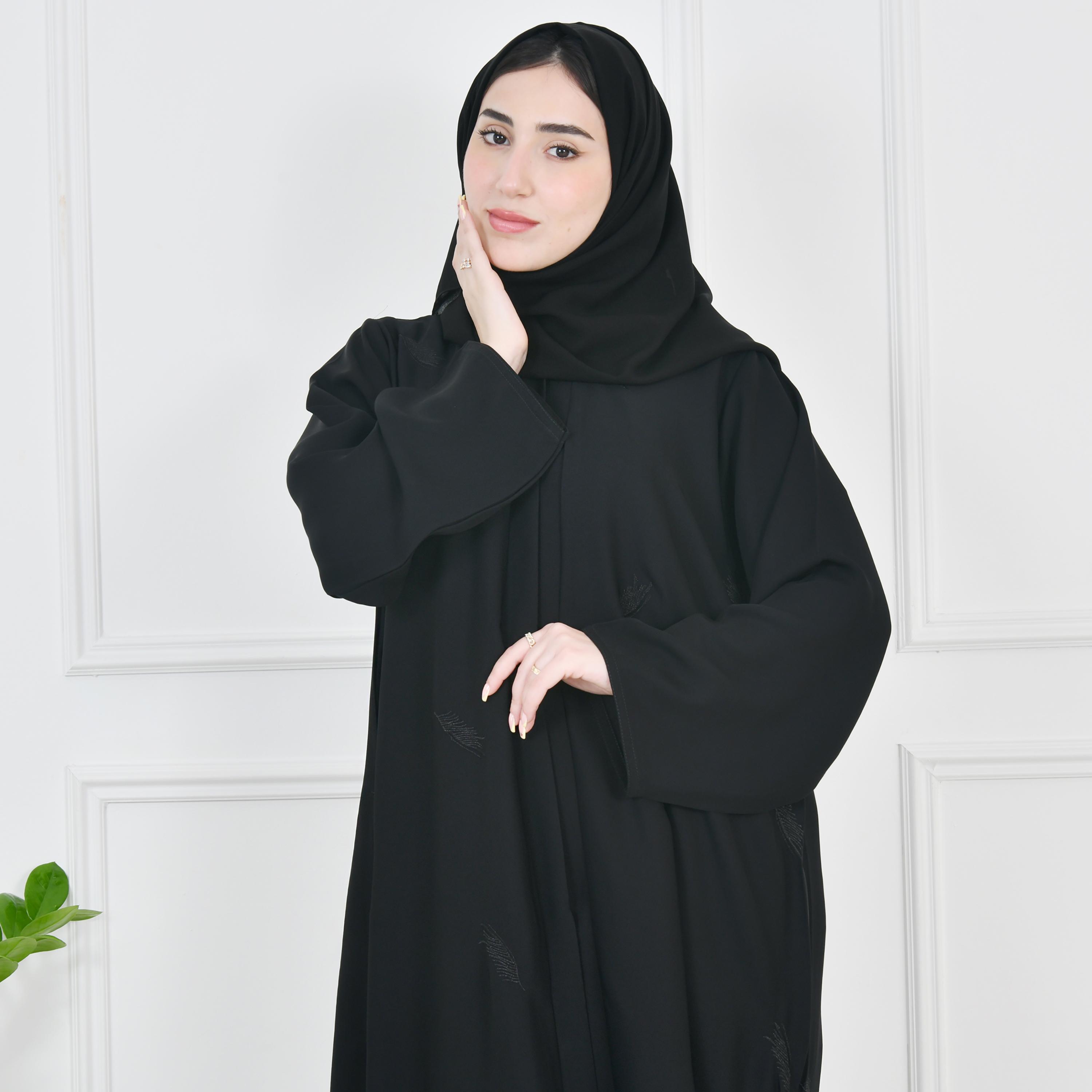 Hawraa Black Crepe Embroidered Abaya with Hijab-women-arabicclothing-abayas-image-2