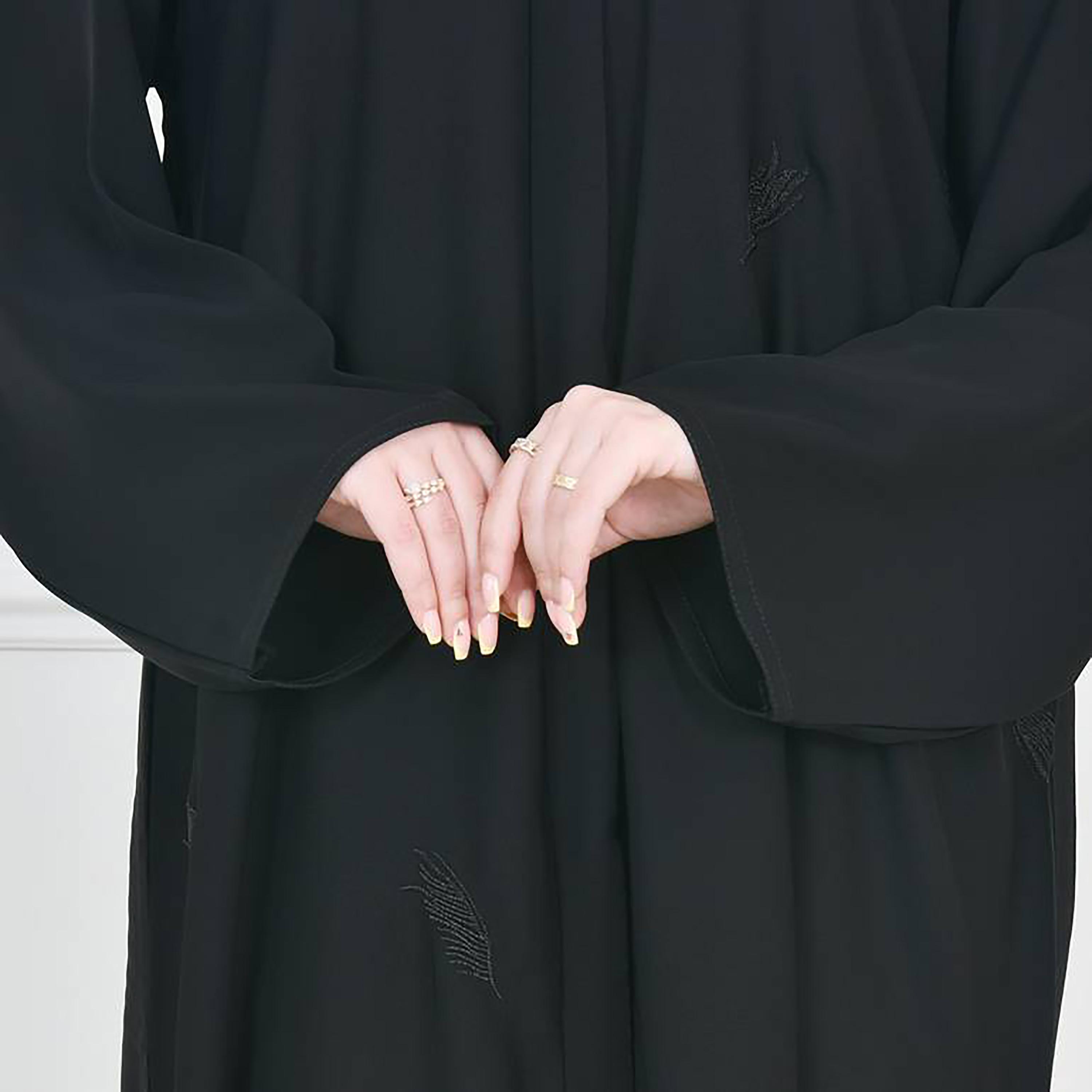 Hawraa Black Crepe Embroidered Abaya with Hijab-women-arabicclothing-abayas-image-3