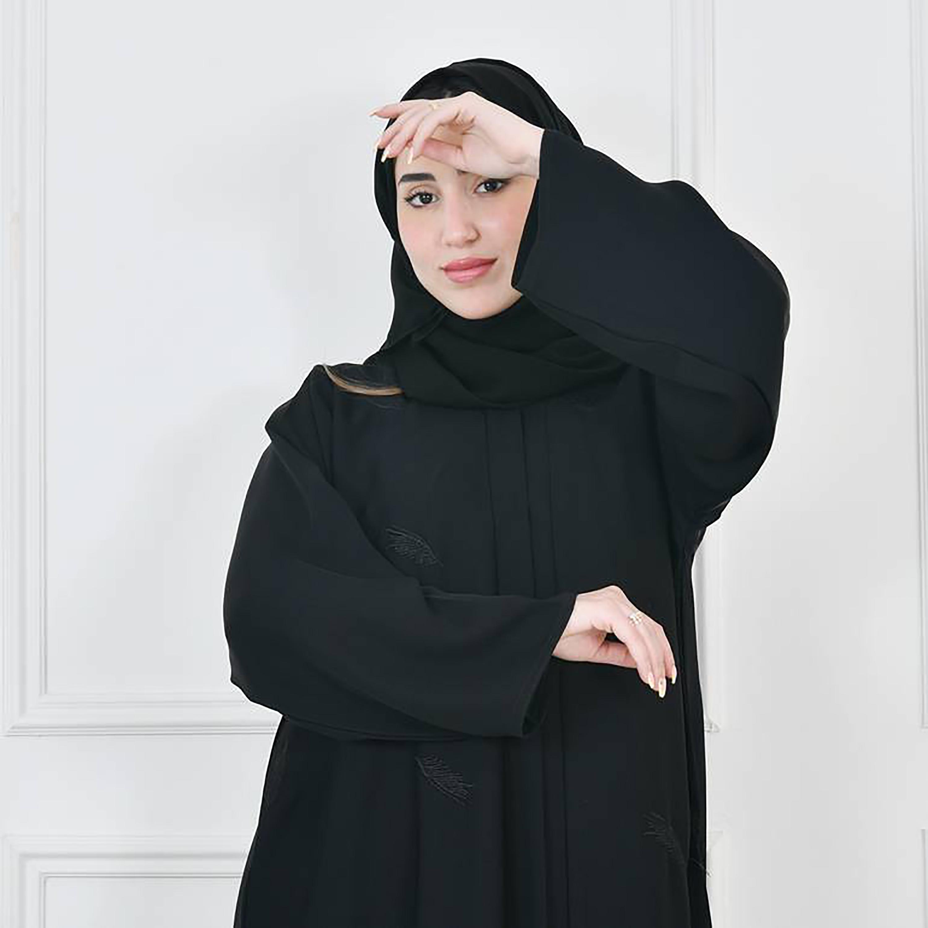 Hawraa Black Crepe Embroidered Abaya with Hijab-women-arabicclothing-abayas-image-4