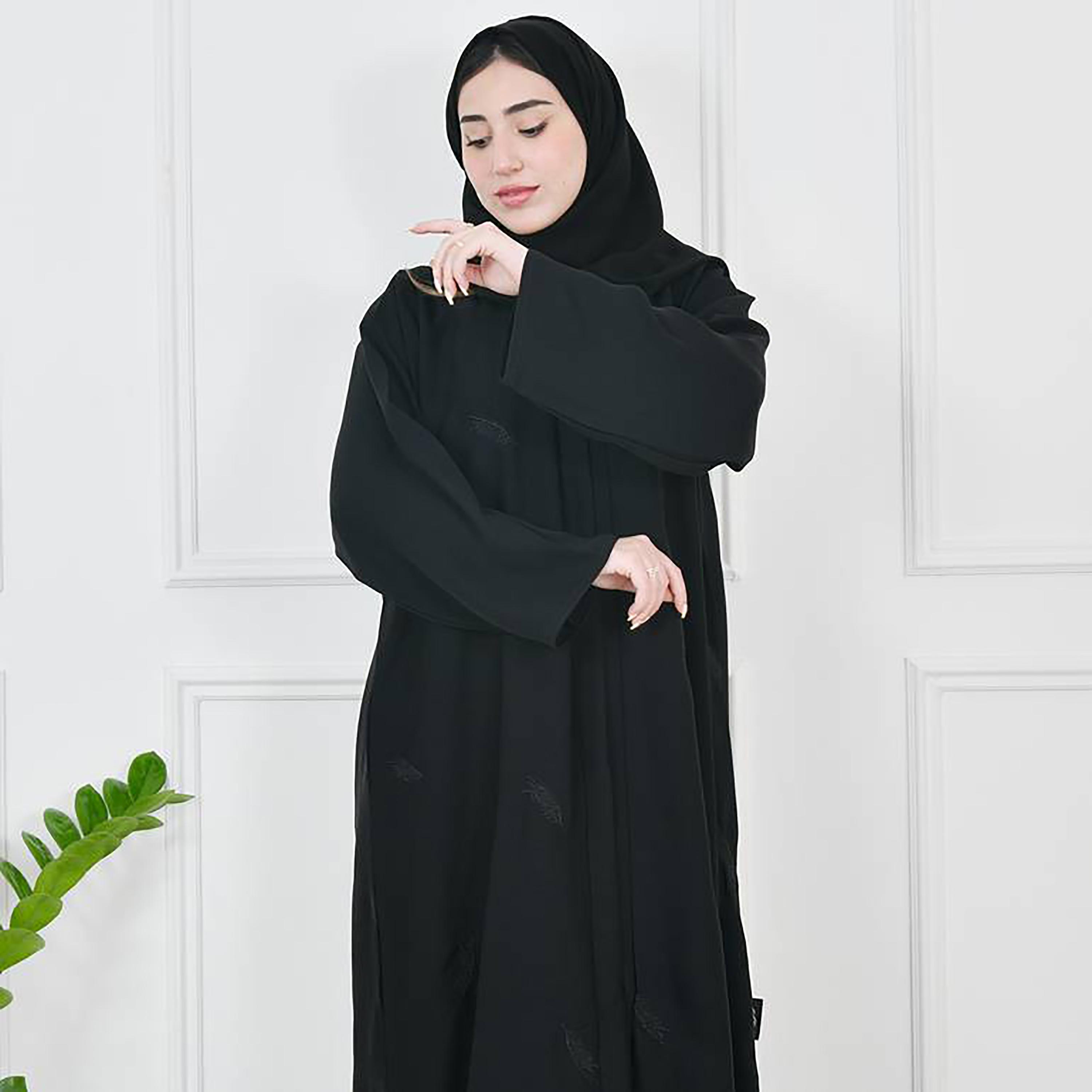 Hawraa Black Crepe Embroidered Abaya with Hijab-women-arabicclothing-abayas-image-1