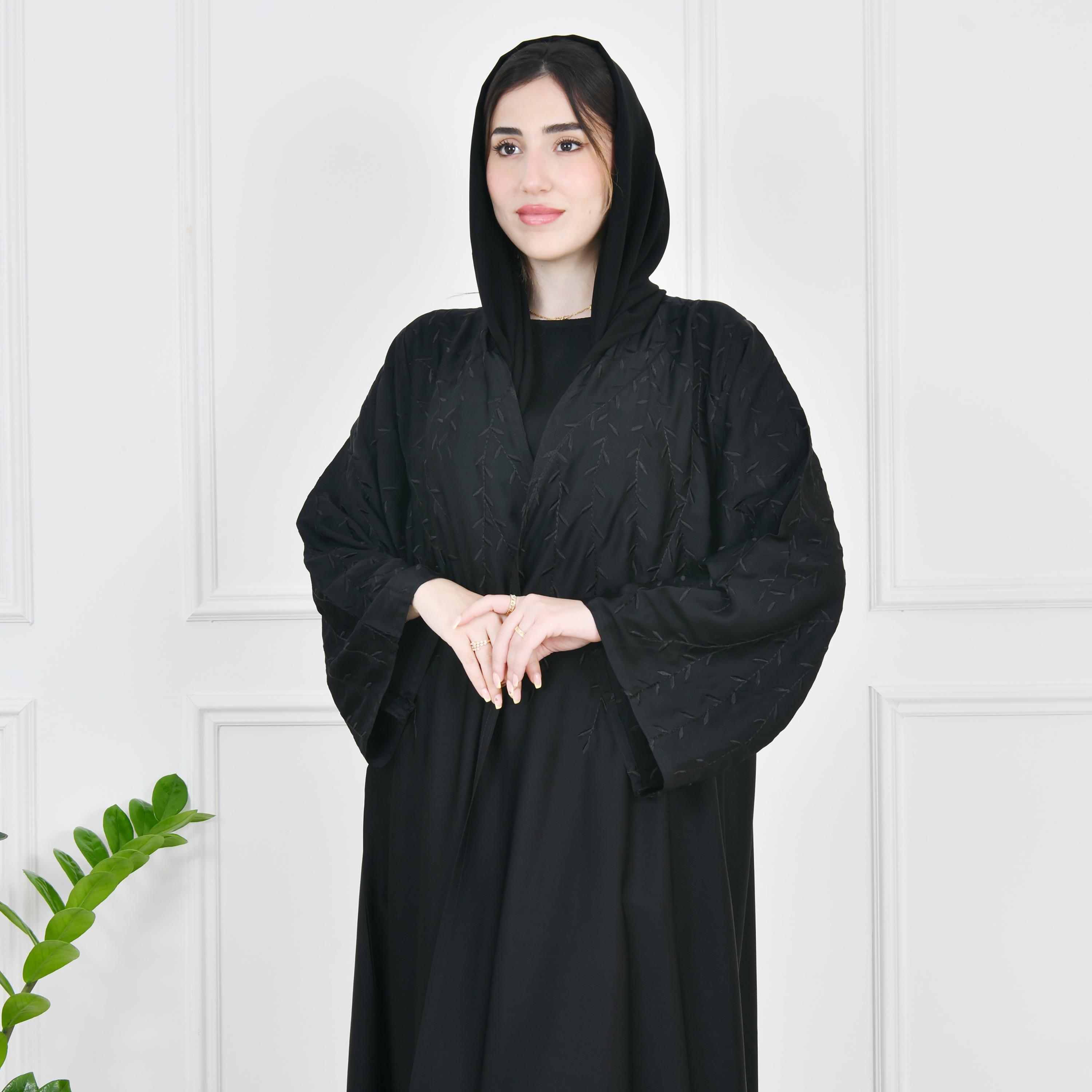 Hawraa Black Wide Sleeves Crepe Embroidered Wrap Abaya with Hijab-women-arabicclothing-abayas-image-1