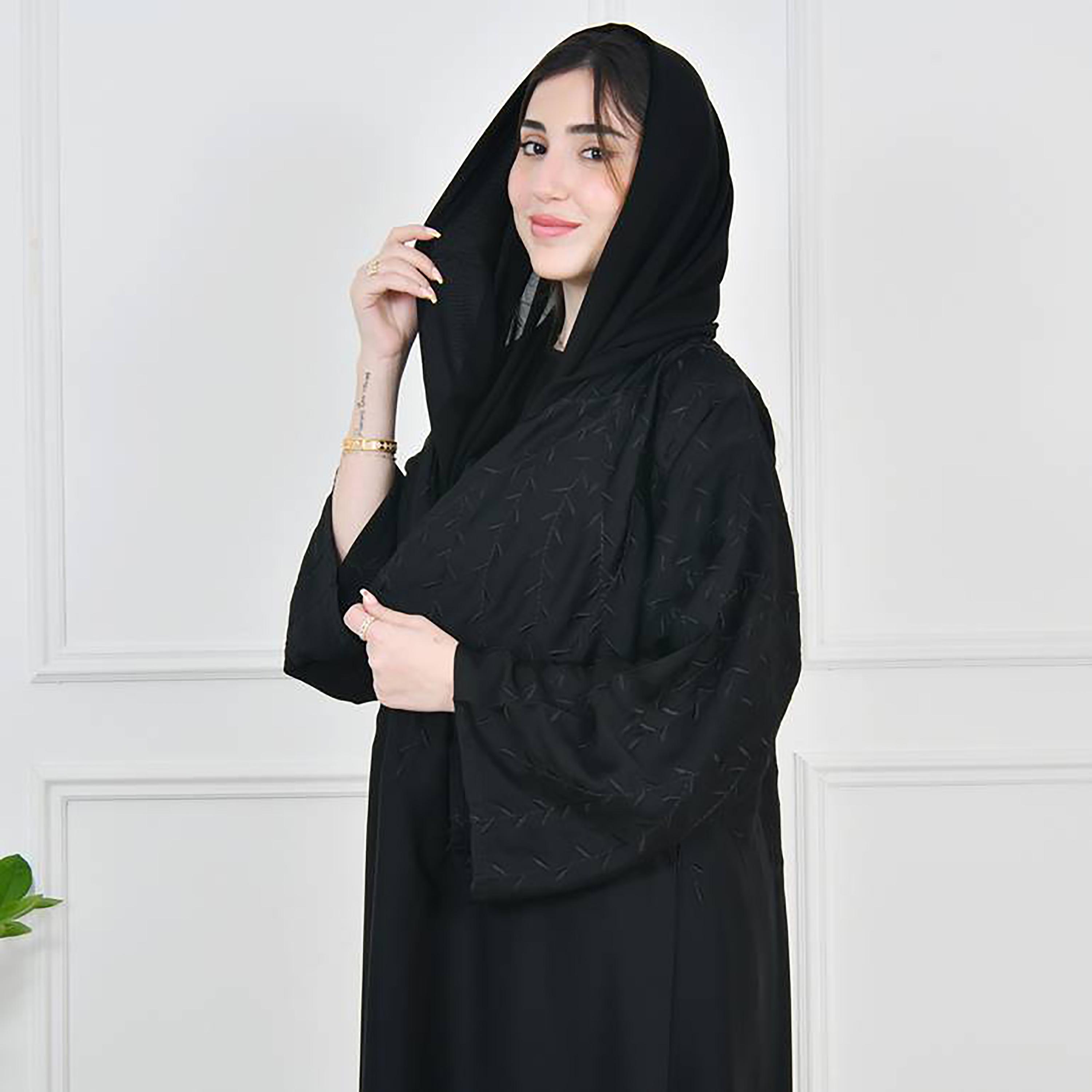 Hawraa Black Wide Sleeves Crepe Embroidered Wrap Abaya with Hijab-women-arabicclothing-abayas-image-2