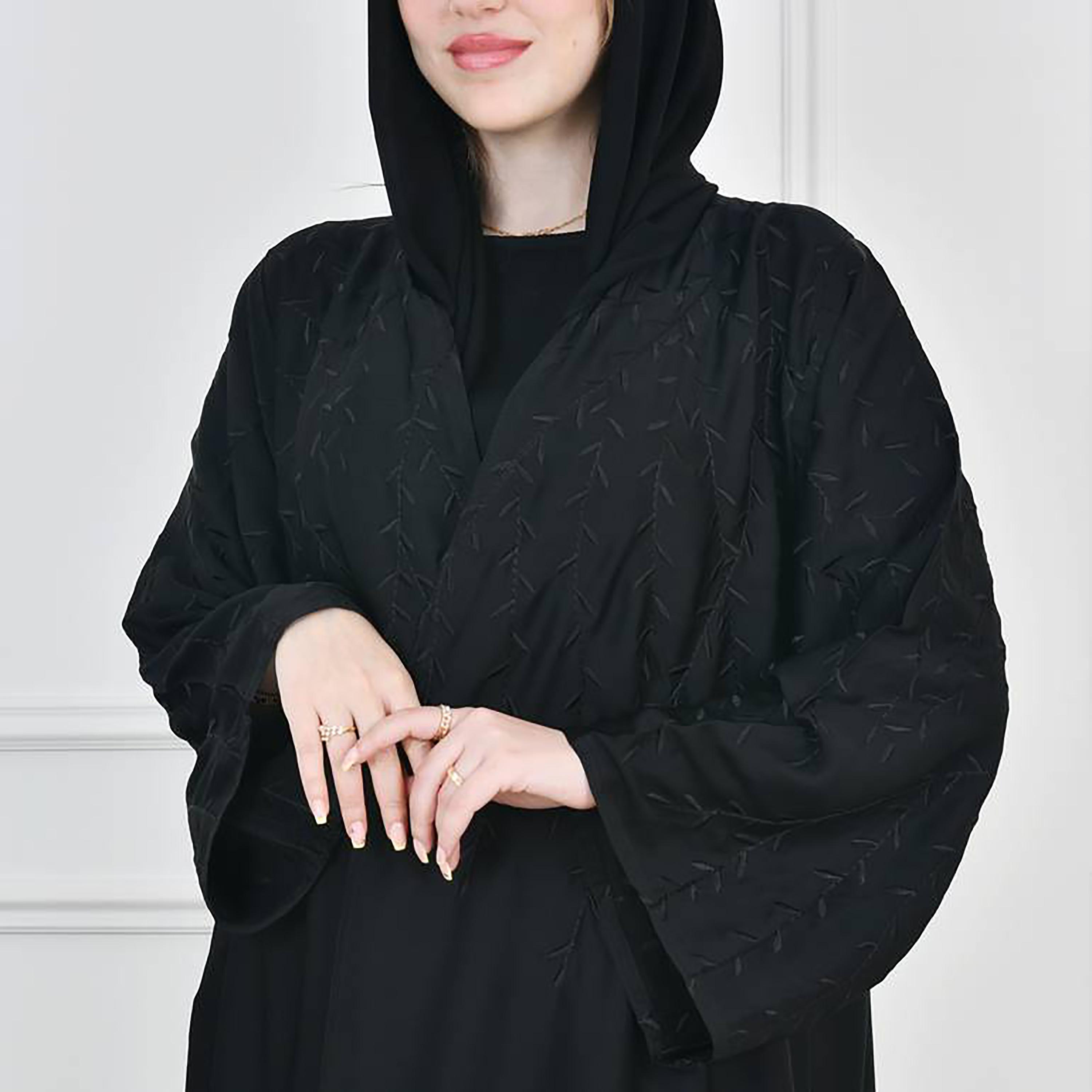 Hawraa Black Wide Sleeves Crepe Embroidered Wrap Abaya with Hijab-women-arabicclothing-abayas-image-3