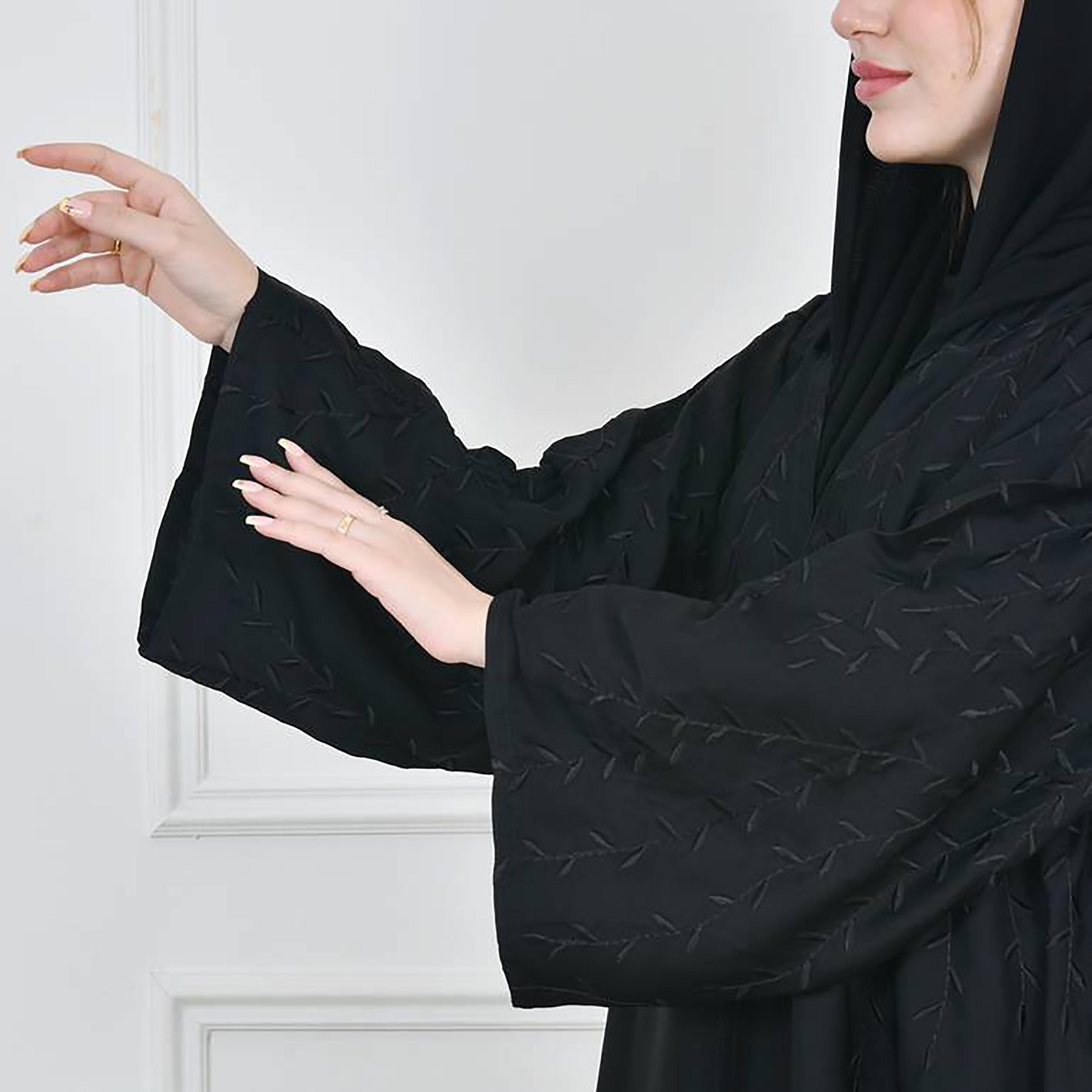 Hawraa Black Wide Sleeves Crepe Embroidered Wrap Abaya with Hijab-women-arabicclothing-abayas-image-4